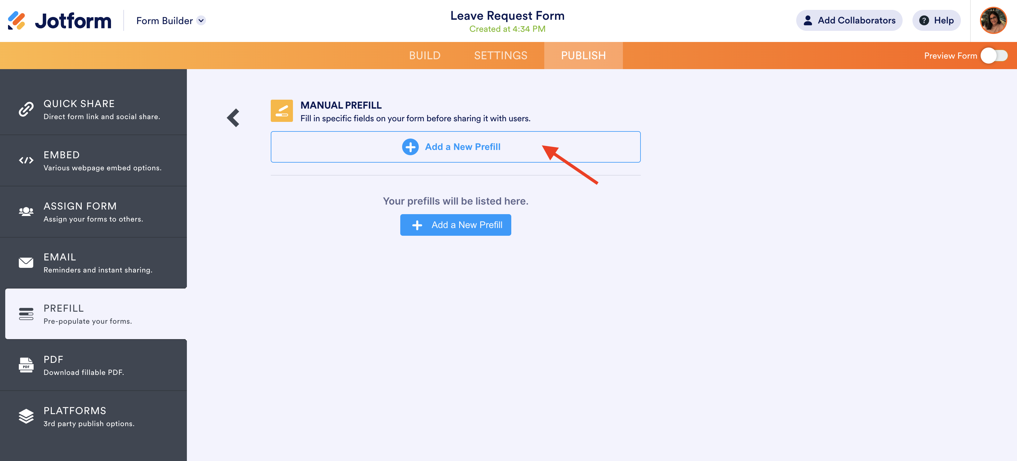 Screenshot of Manual Prefill Page Clicking on "Add a New Prefill"