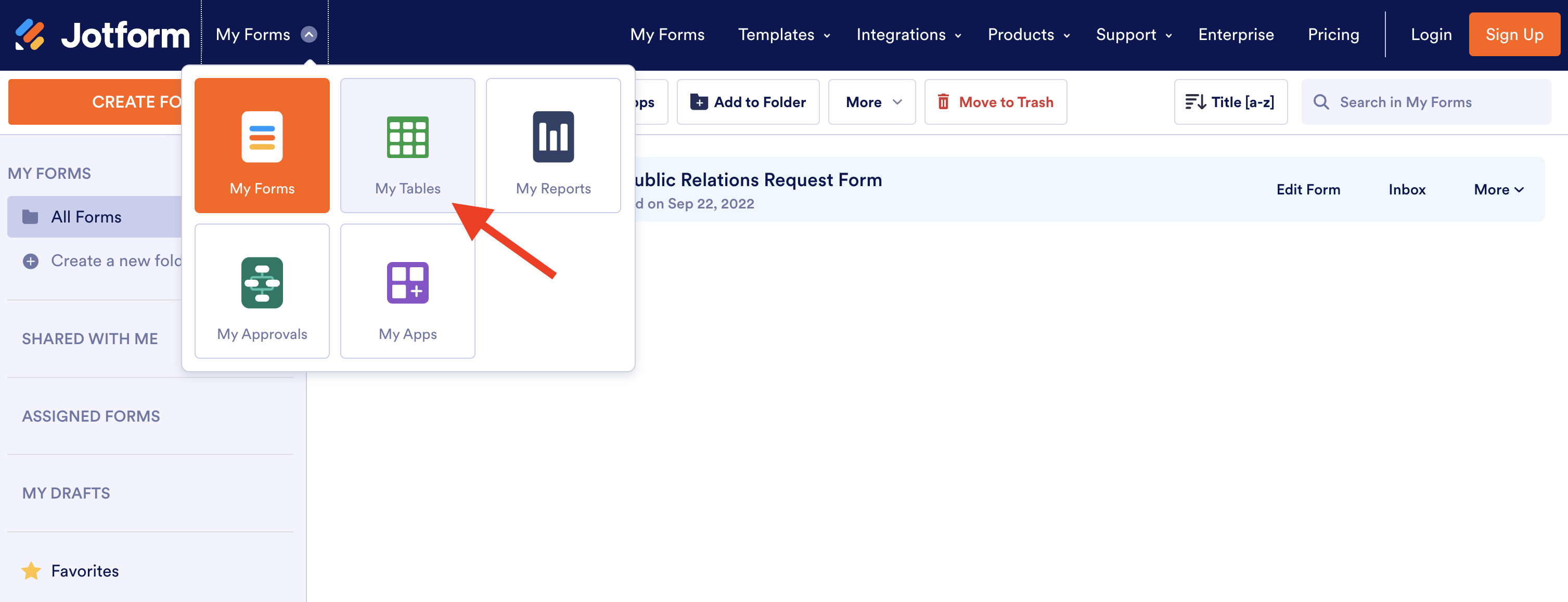 Screenshot of My Forms Clicking on My Tables