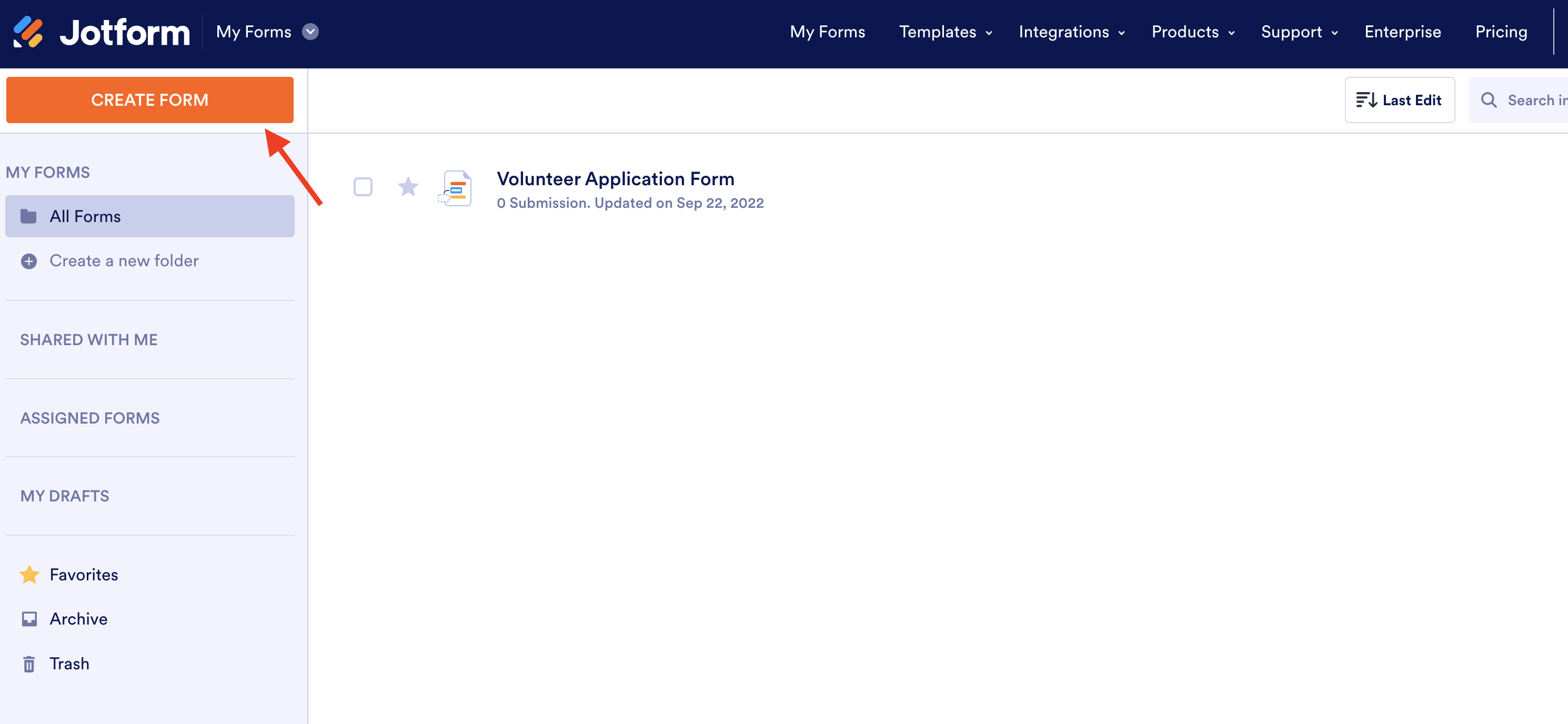 Screenshot of My Forms Page Clicking on Create Form