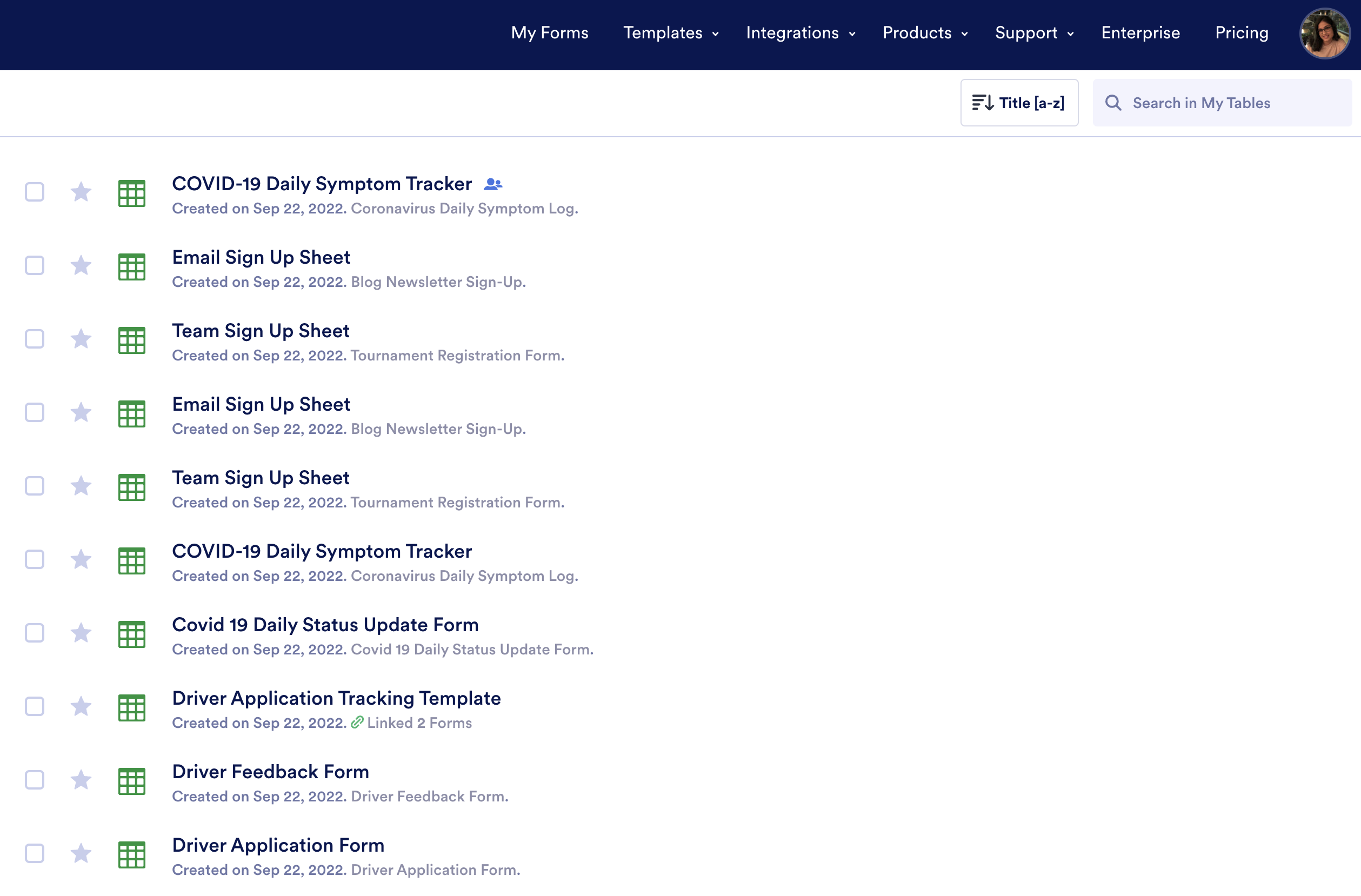 Screenshot of My Tables Page