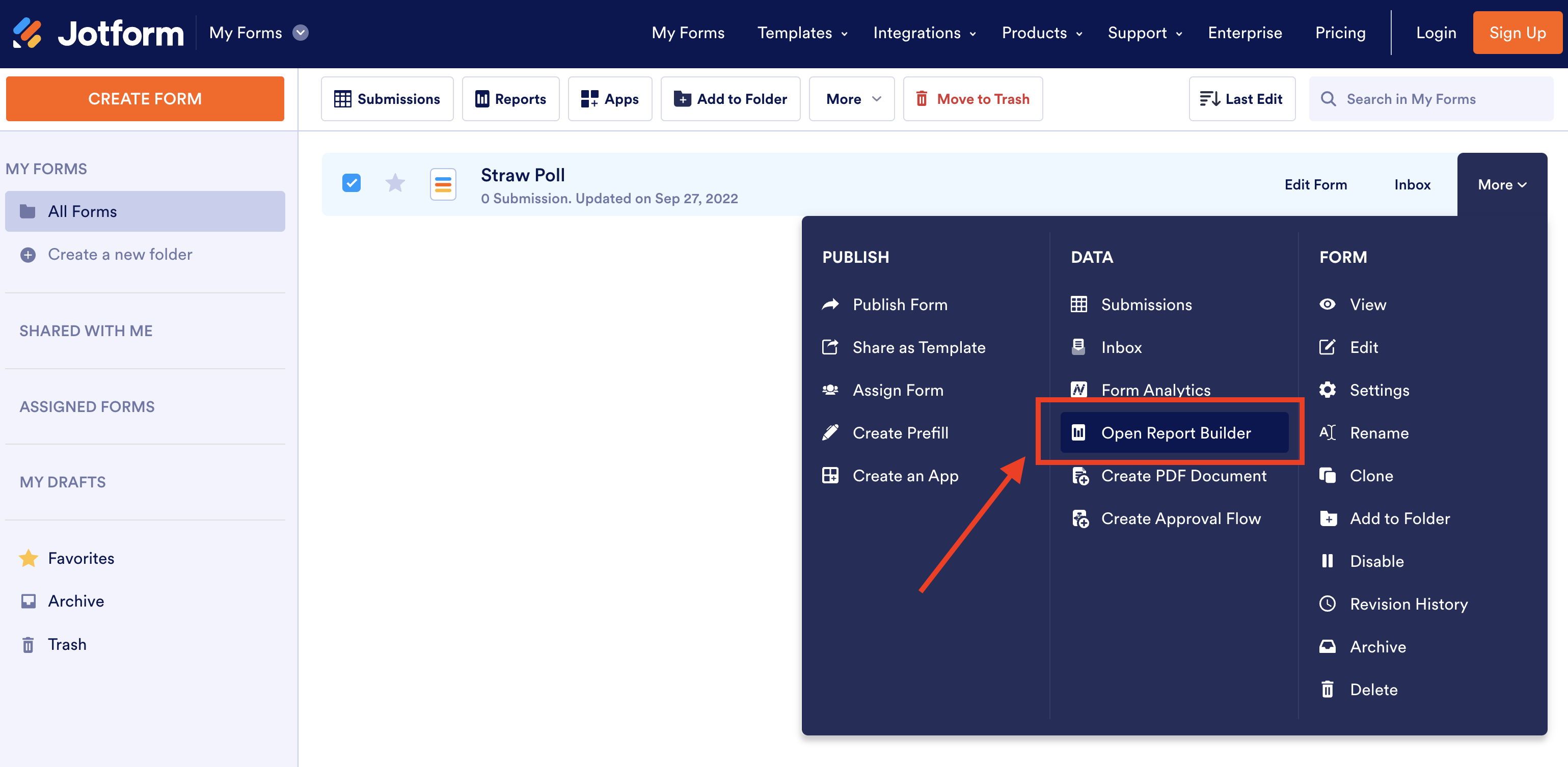 Click on Open Report Builder in My Forms