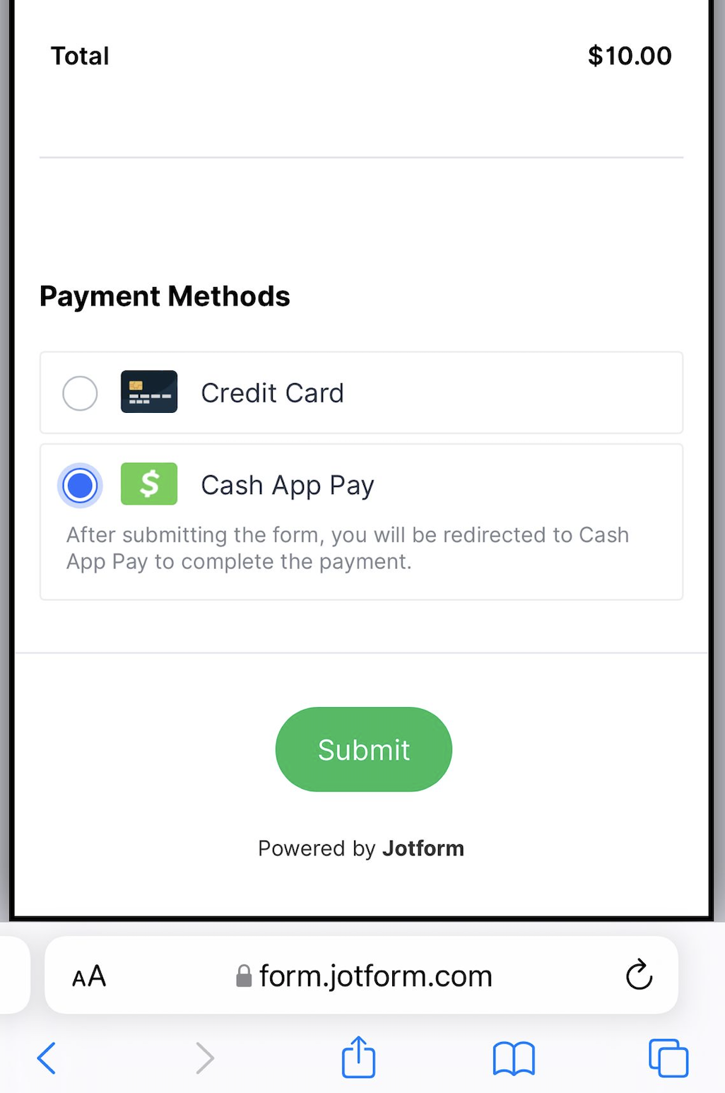 Image of Payment Methods Page Clicking on Cash App Pay on Smartphone