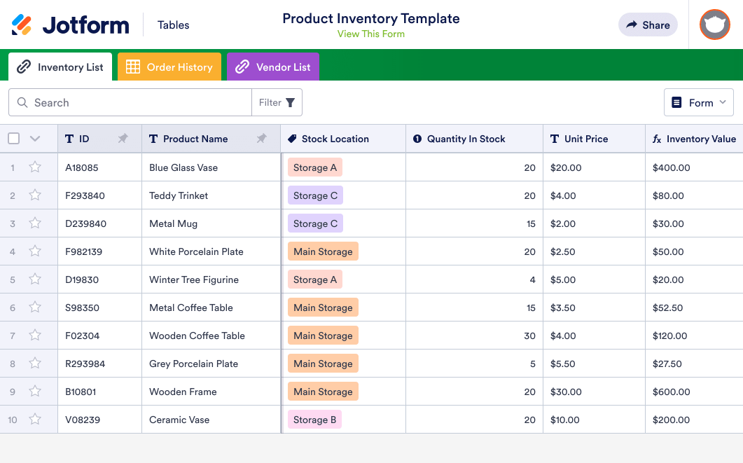 Image of Product Inventory Template