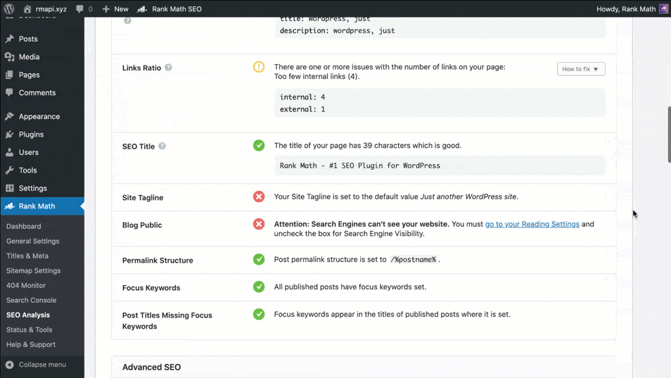 Screenshot of Rank Math SEO plug-in