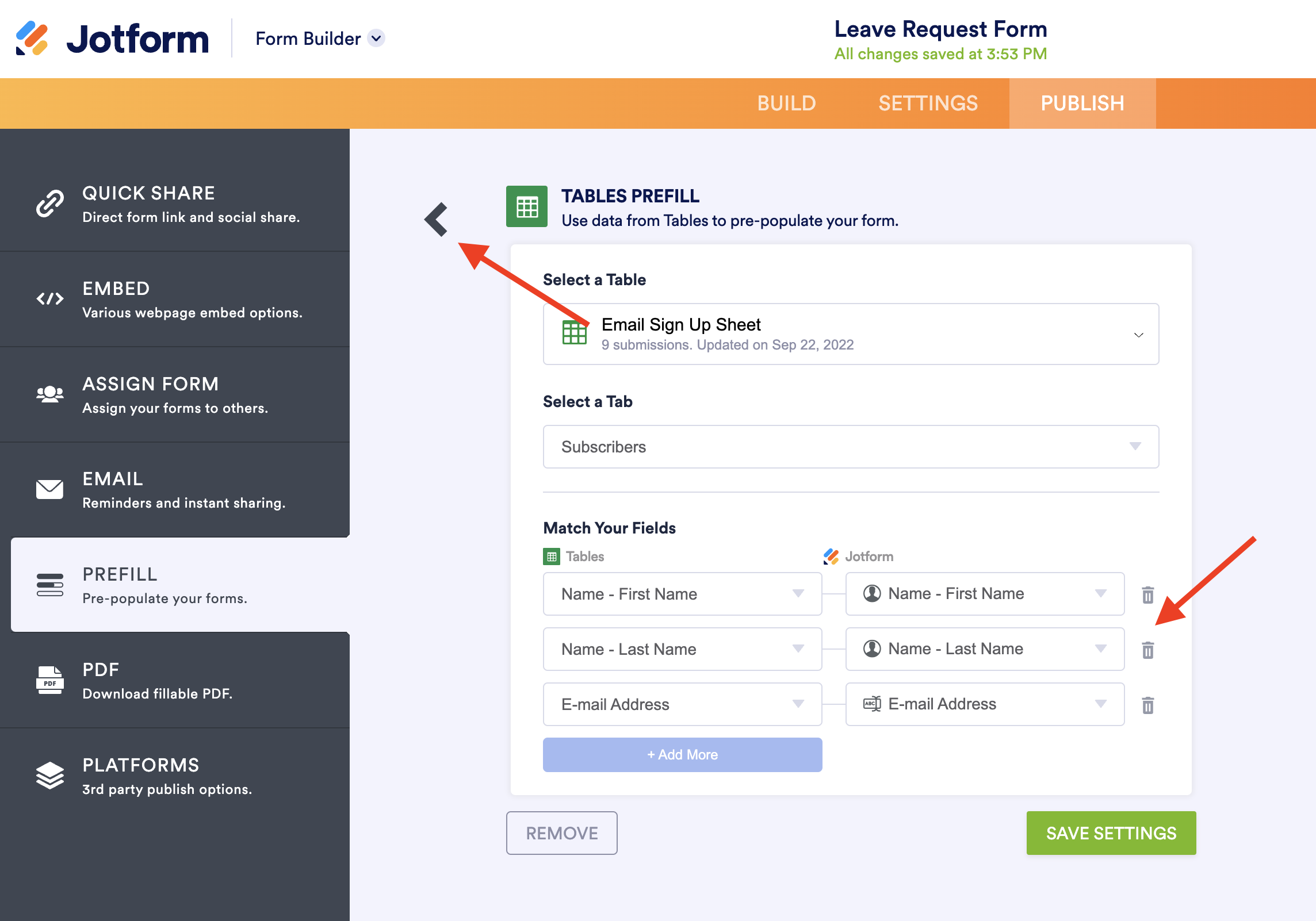 Screenshot of Tables Prefill Page Clicking on Remove Button