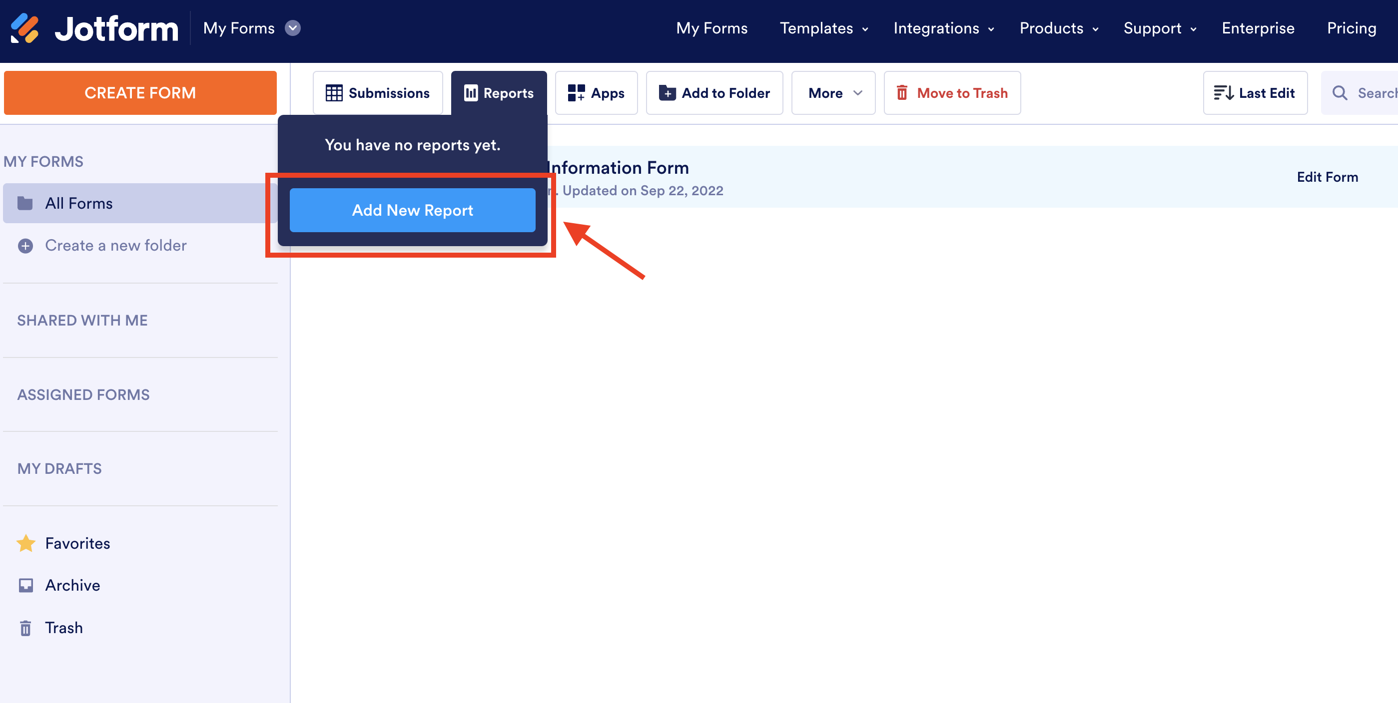 Screenshot of My Forms Clicking on Add New Report