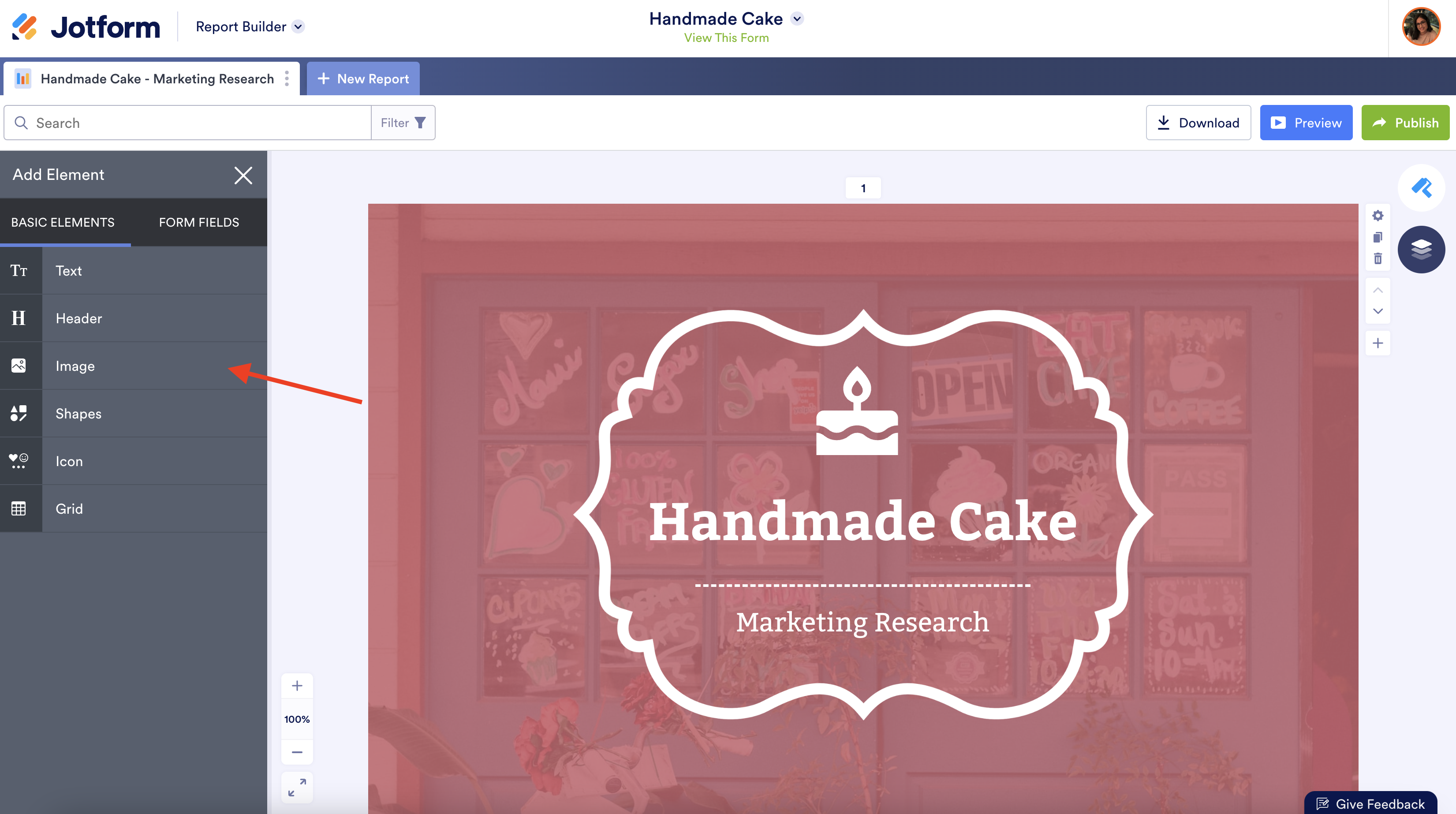 Image of Handmake Cake Report Clicking on Image in Basic Elements