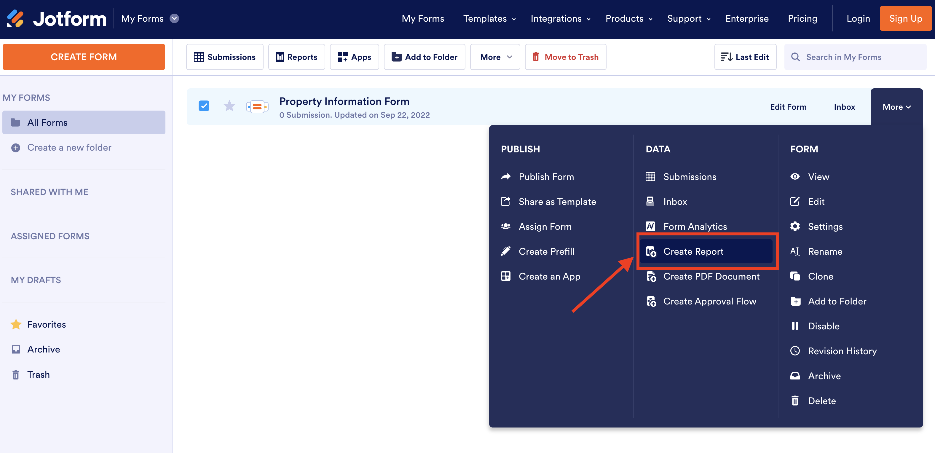 Screenshot of My Forms Selecting Property Information Form Clicking on Create Report