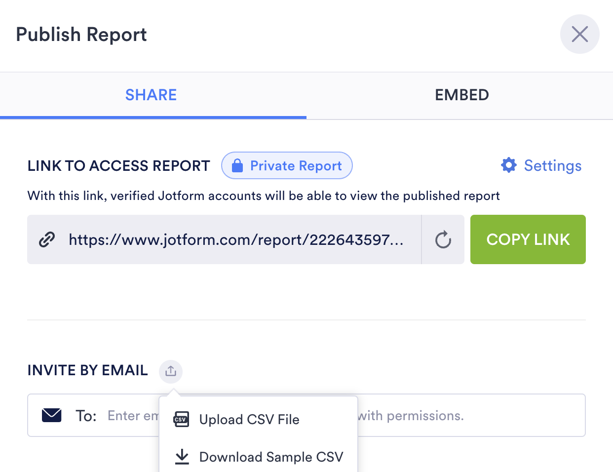 Screenshot of Publish Report Page Demonstrating How to Share the Report