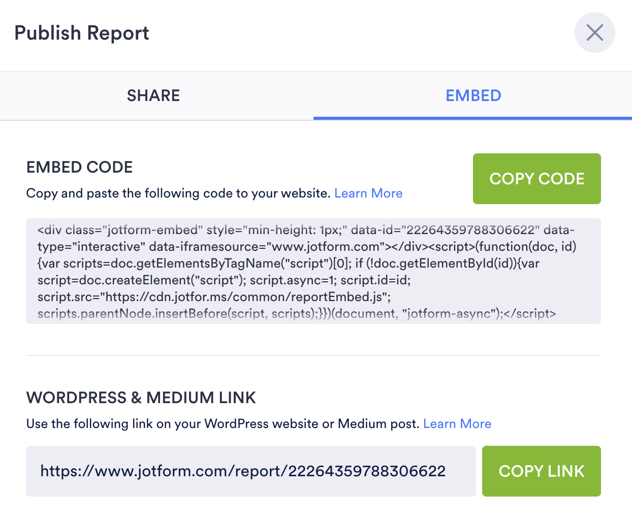 Part of a Screenshot of Publish Report Page Showing Embed Code and Link