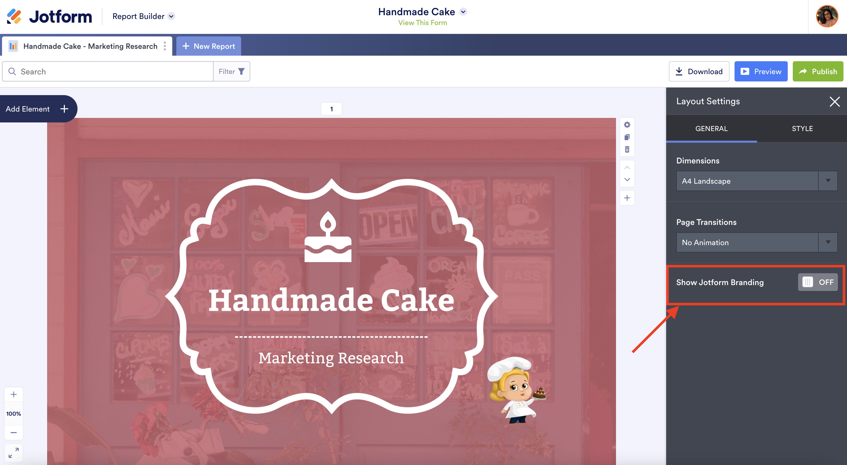 Screenshot of Handmade Cake Report Clicking on Show Jotform Branding in Layout Settings