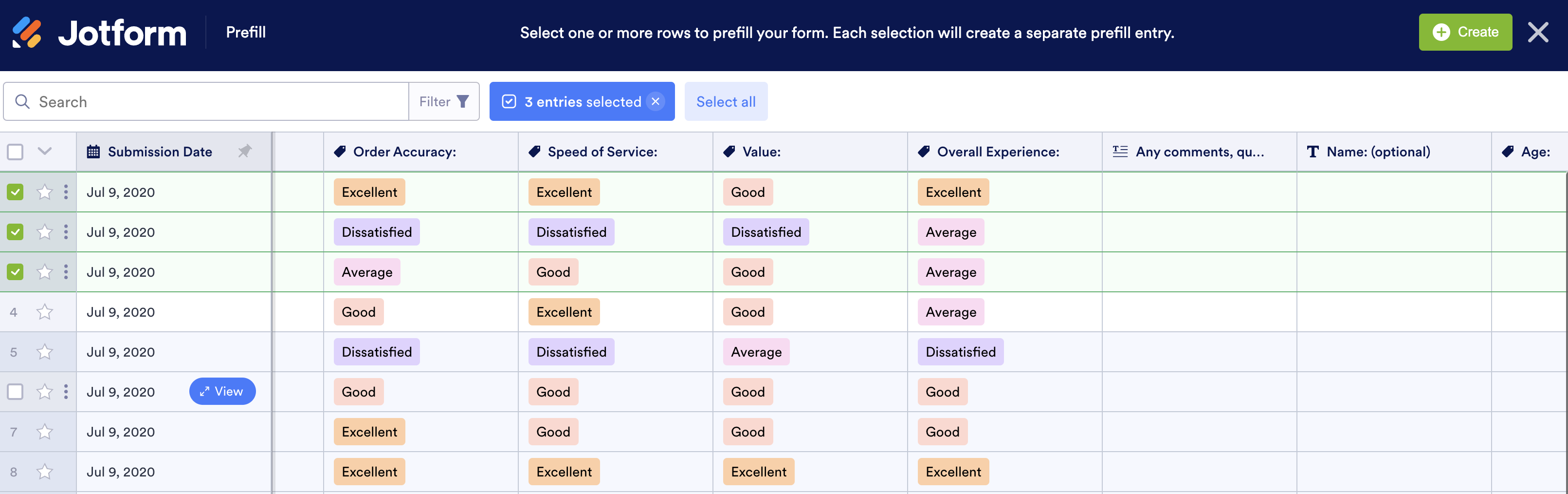 Screenshot of Selected Submissions in Jotform Tables to use Prefill
