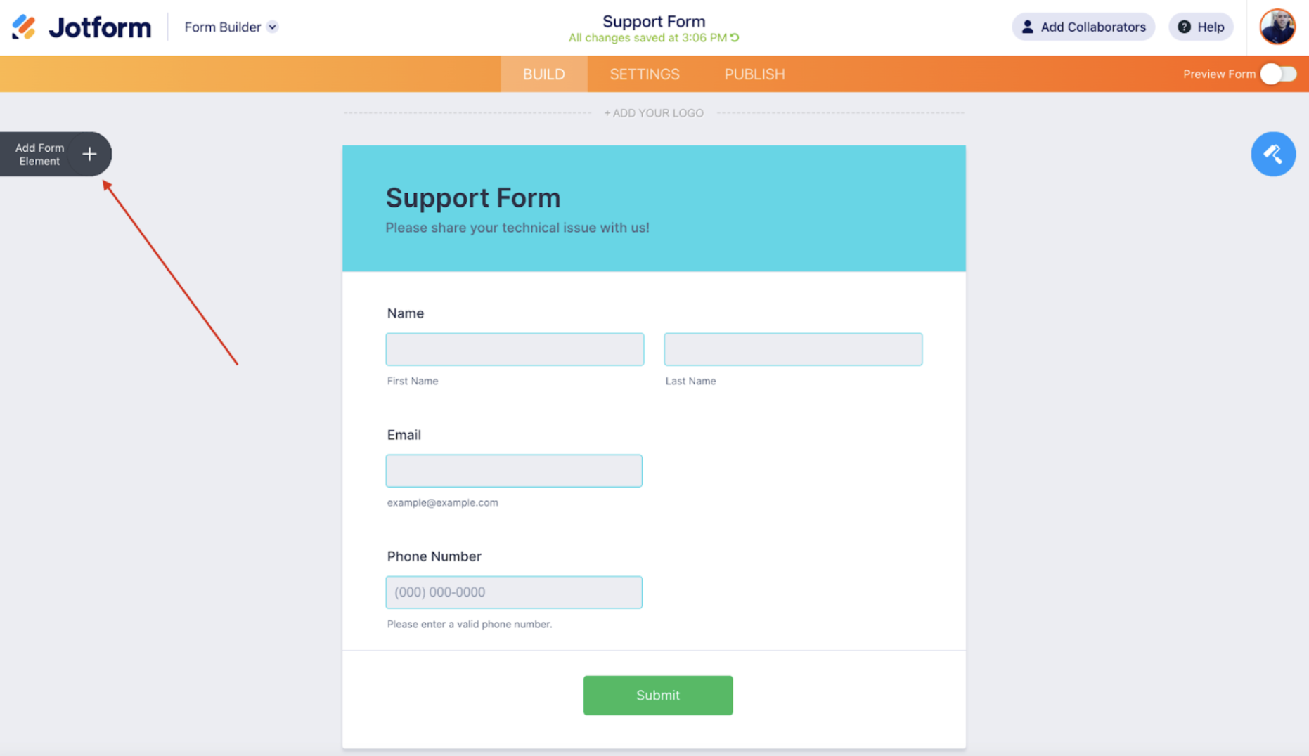 Screenshot of Support Form Clicking on Add Form Element