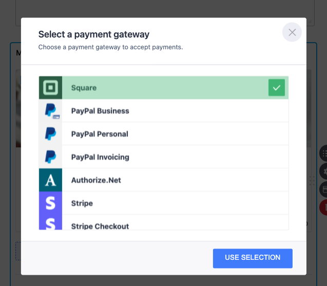 Screenshot of Select a Payment Gateway Page Clicking on Square