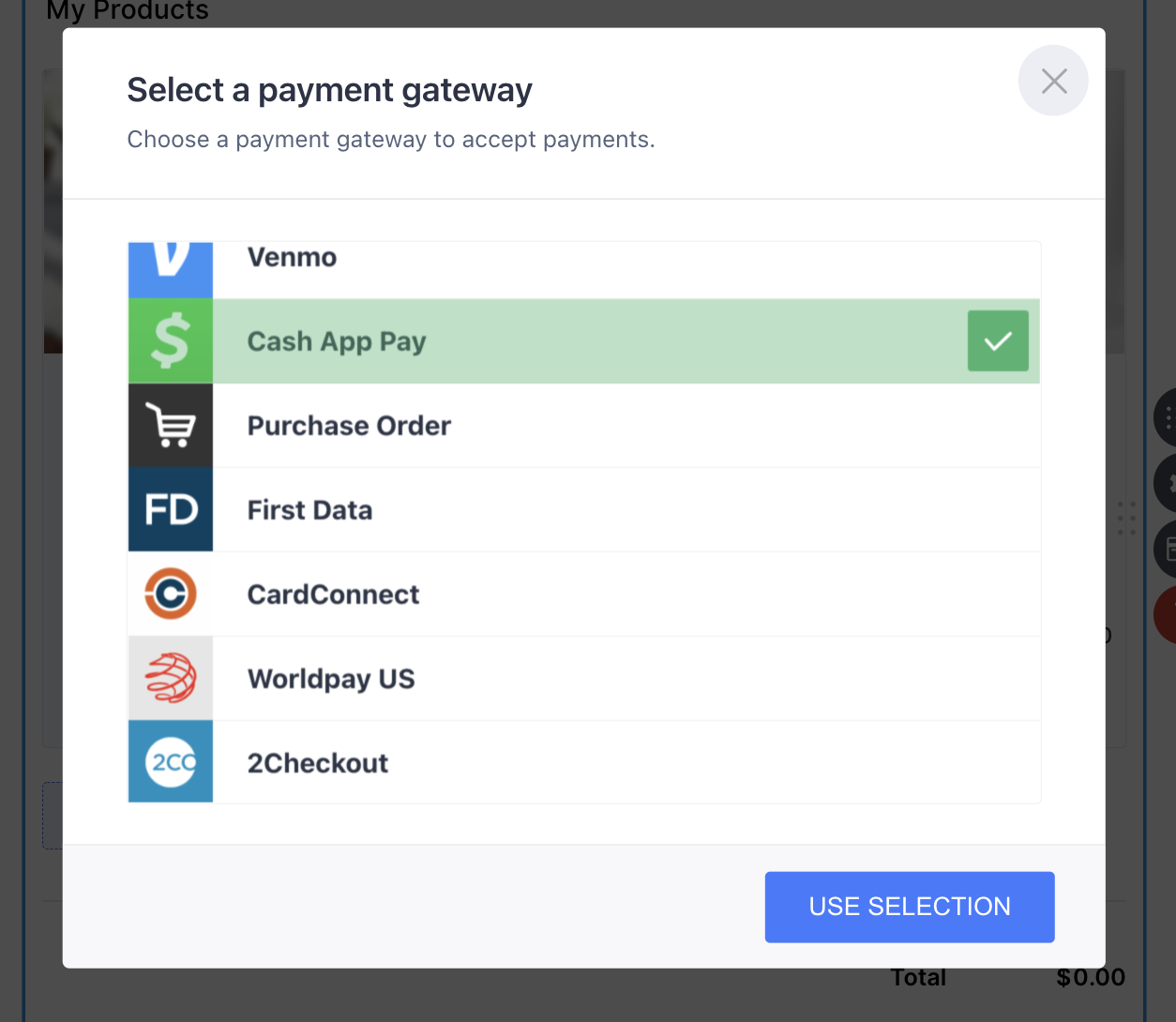 Image of Select a Payment Gateway Page Clicking on Cash App Pay