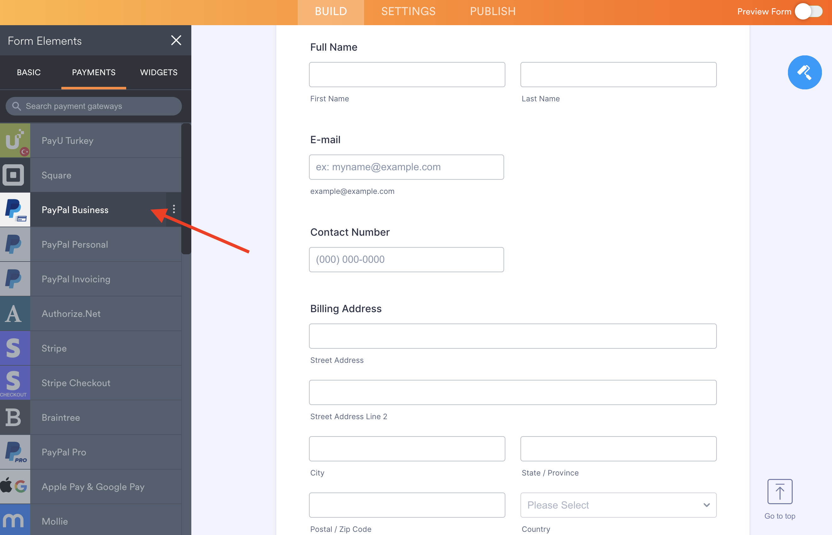 Screenshot of PayPal Business in Form Elements