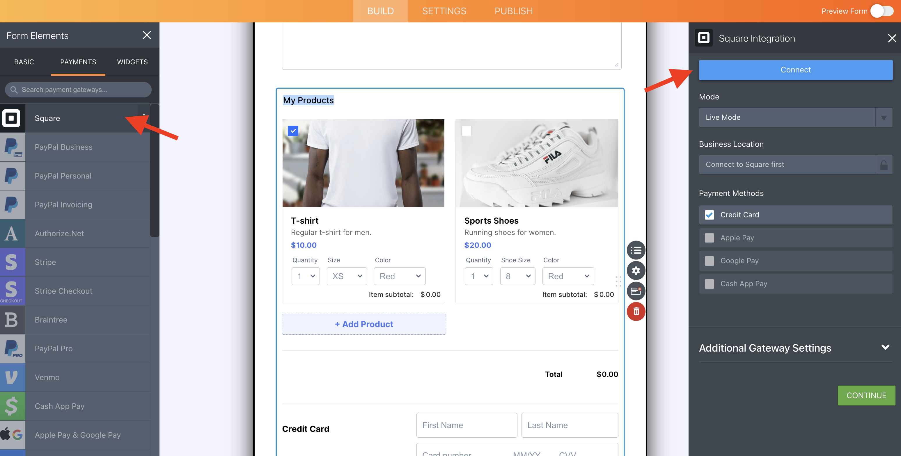 Image of Build Page Selecting Square in Form Elements Clicking Connect in Square Integration