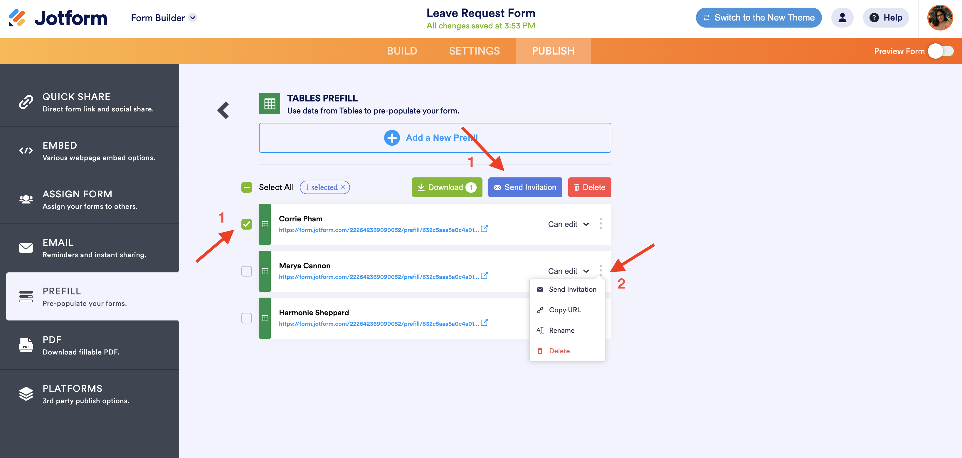 Screenshot of Tables Prefill Page Instructions on Sending Prefilled Forms