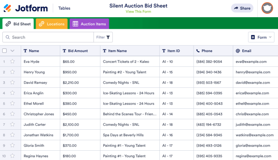 Image of Silent Auction Bid Sheet