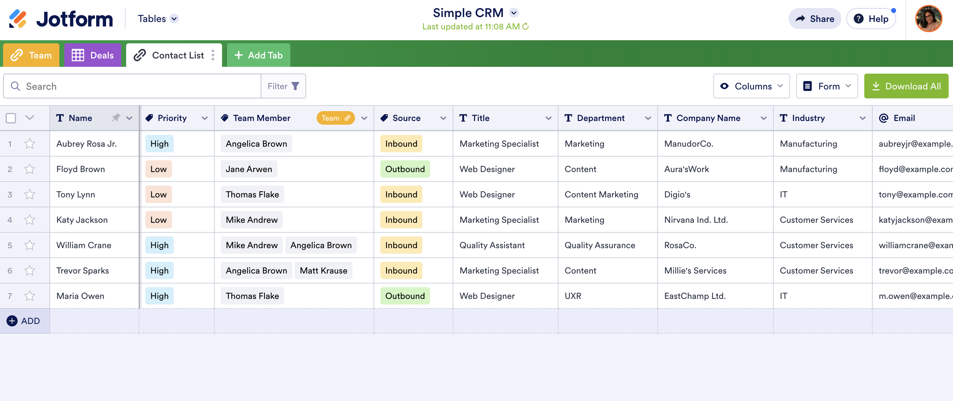 Screenshot of Simple CRM Form Submissions in Jotform Tables