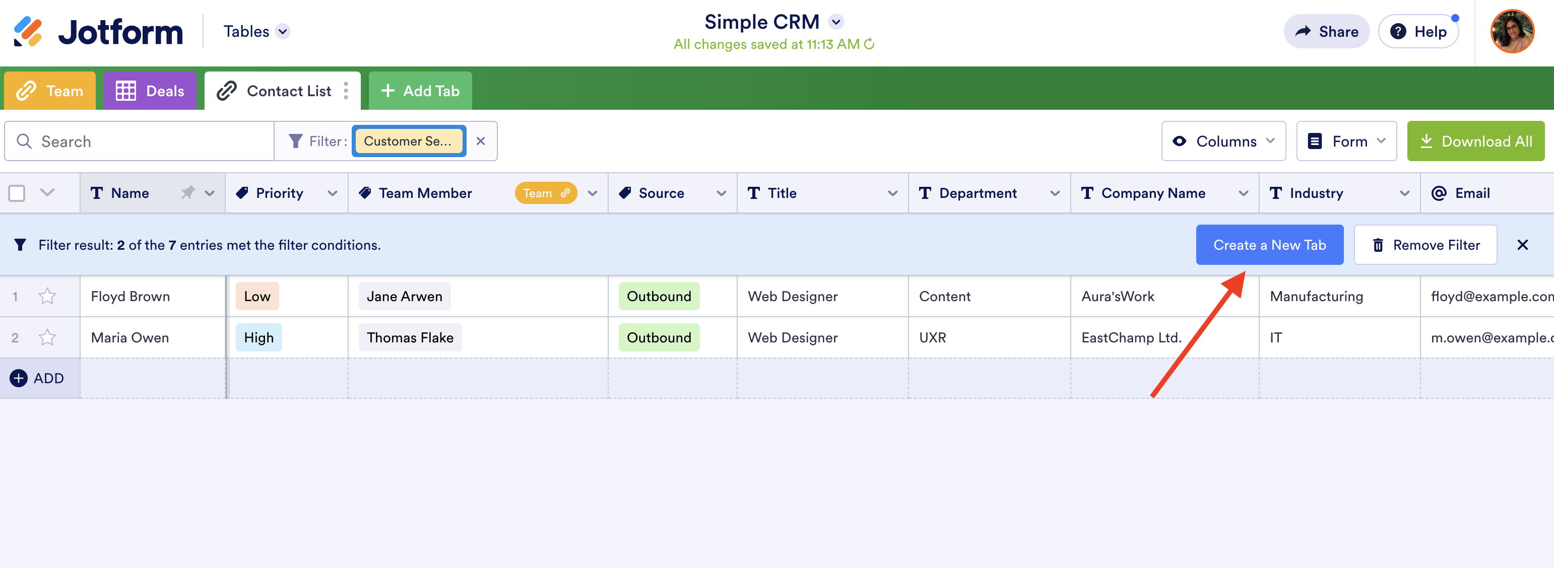 Screenshot of Jotform Tables Clicking on Create a New Tab