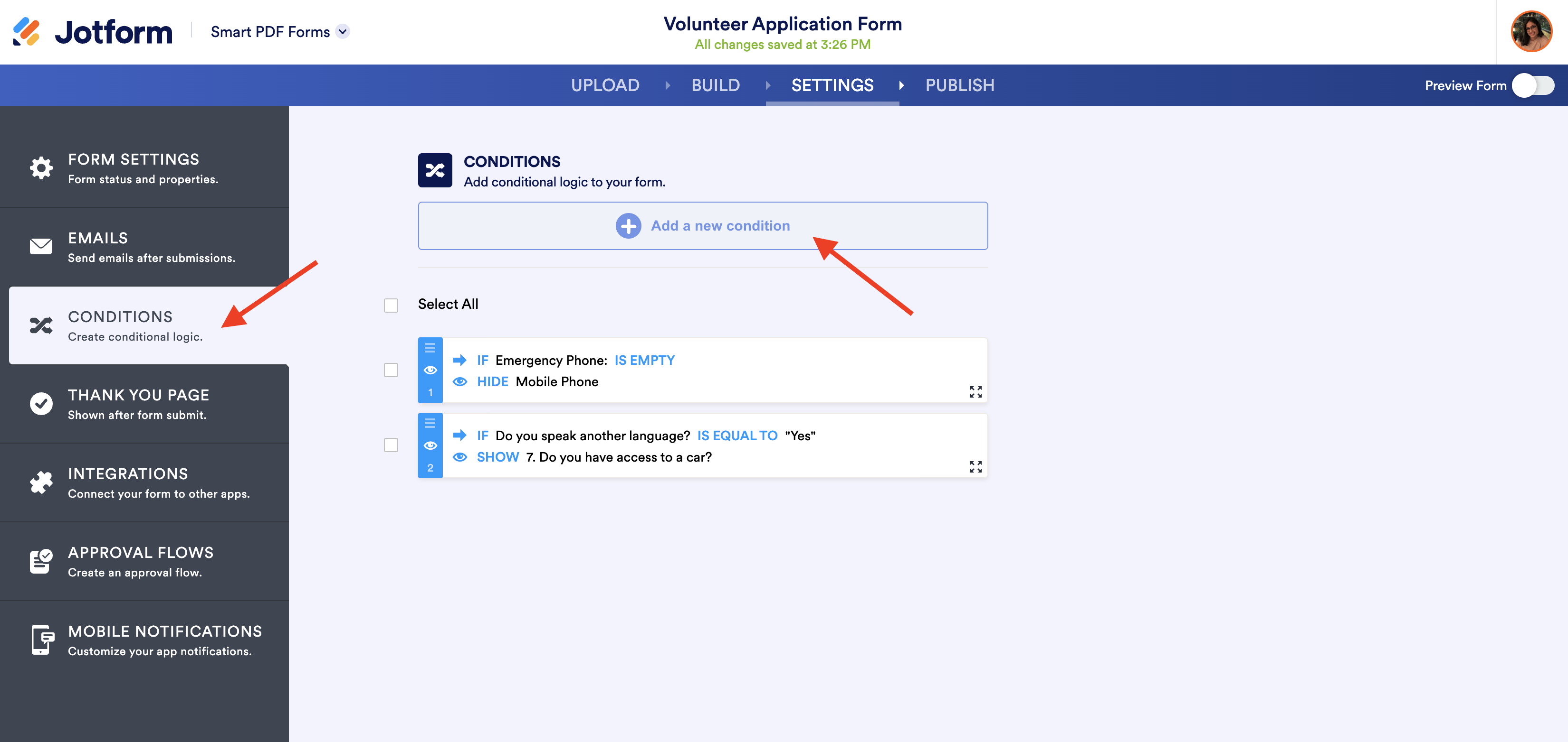 Screenshot of Conditions Page in Settings Clicking on Add a New Condition