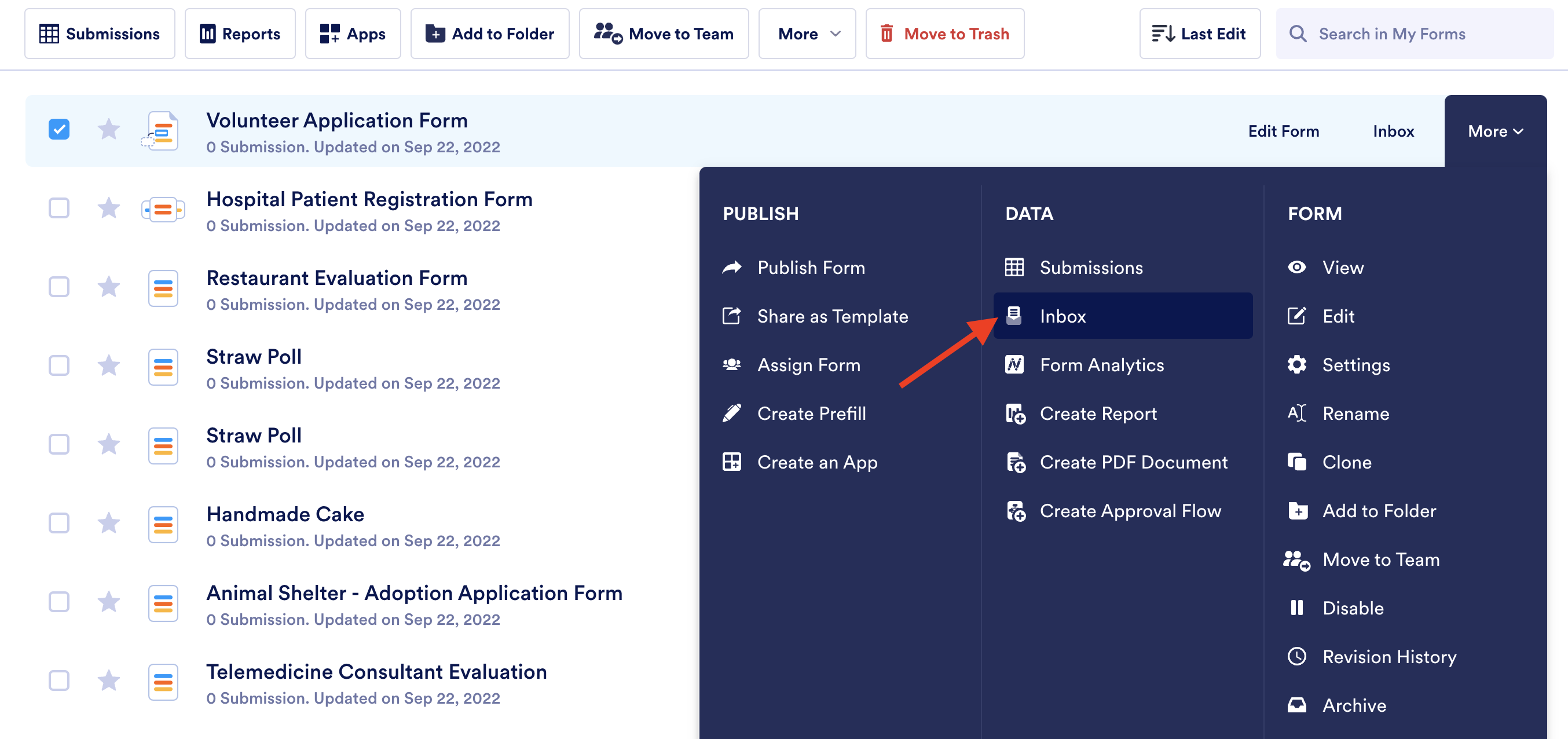 Screenshot of My Forms Page Clicking on Inbox
