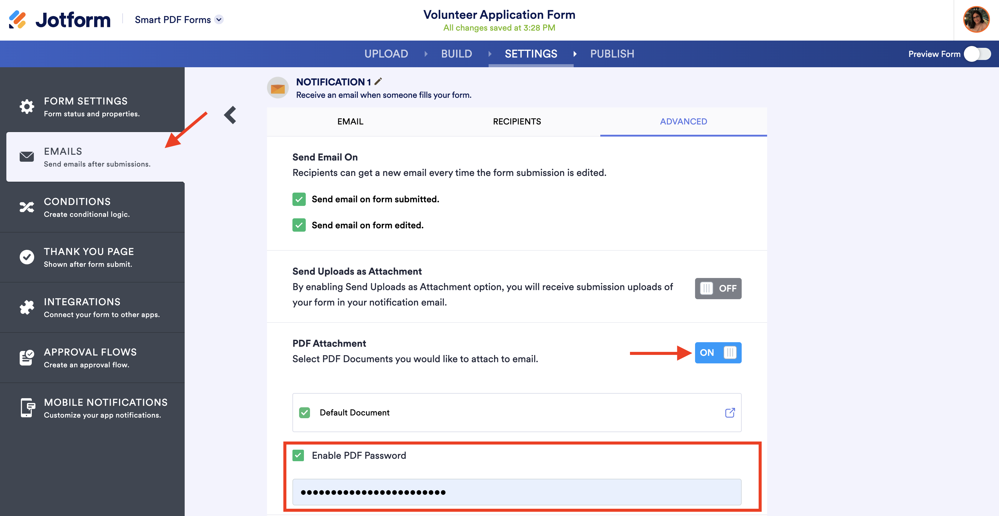 Screenshot of Settings in Smart PDF Forms Viewing Emails Page