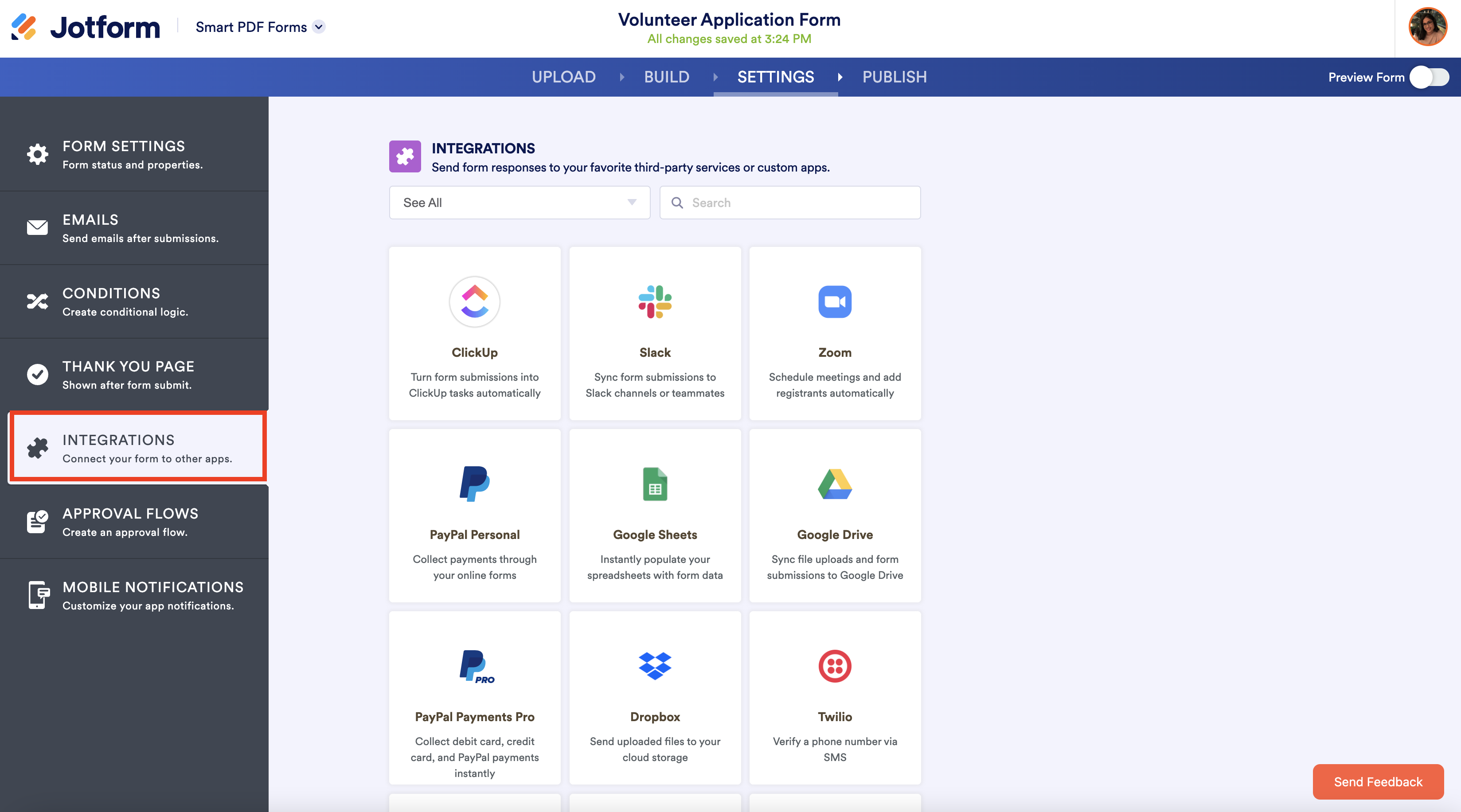 Screenshot of Smart PDF Forms Integrations Page