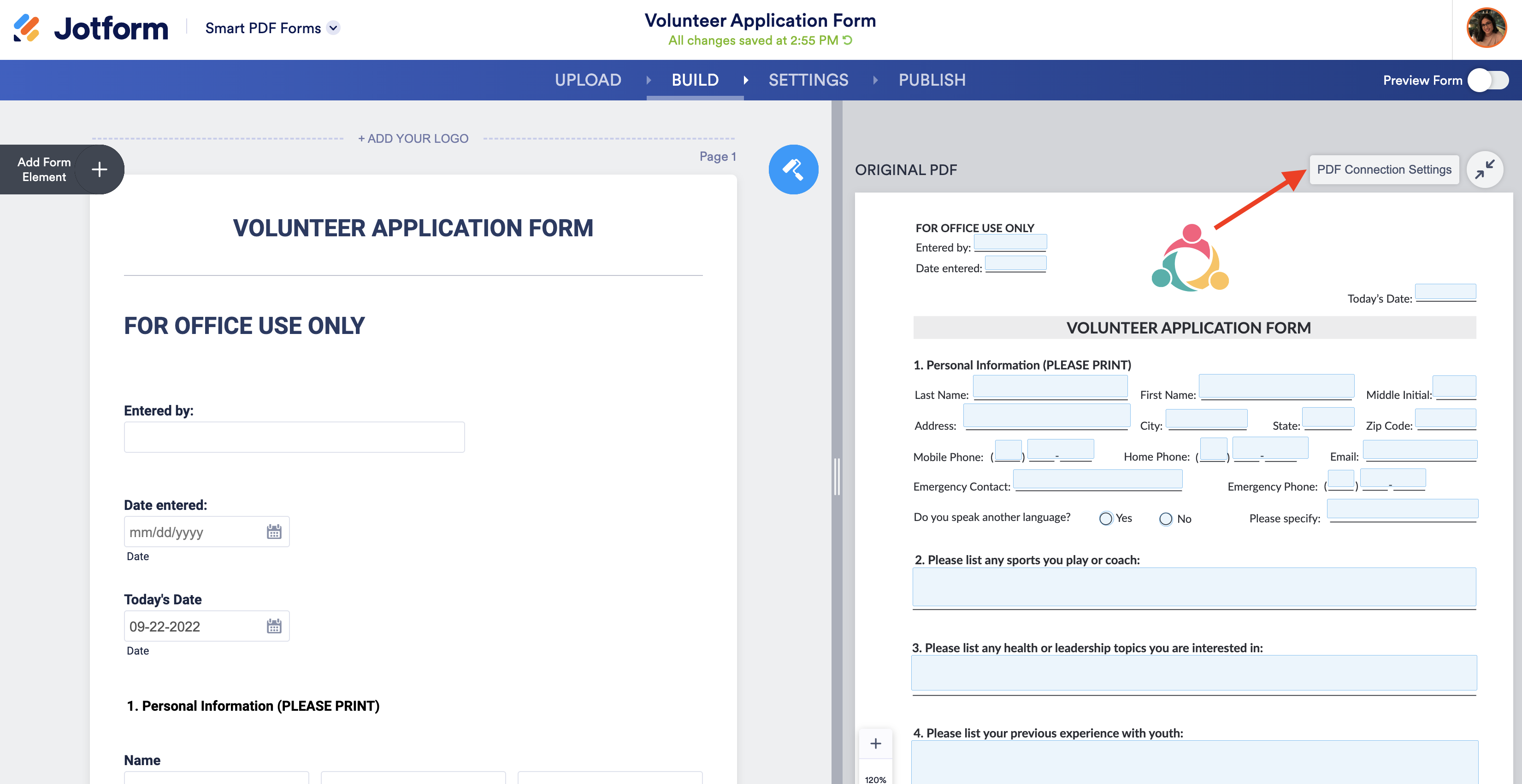 Screenshot of Build Page Clicking on PDF Connection Settings