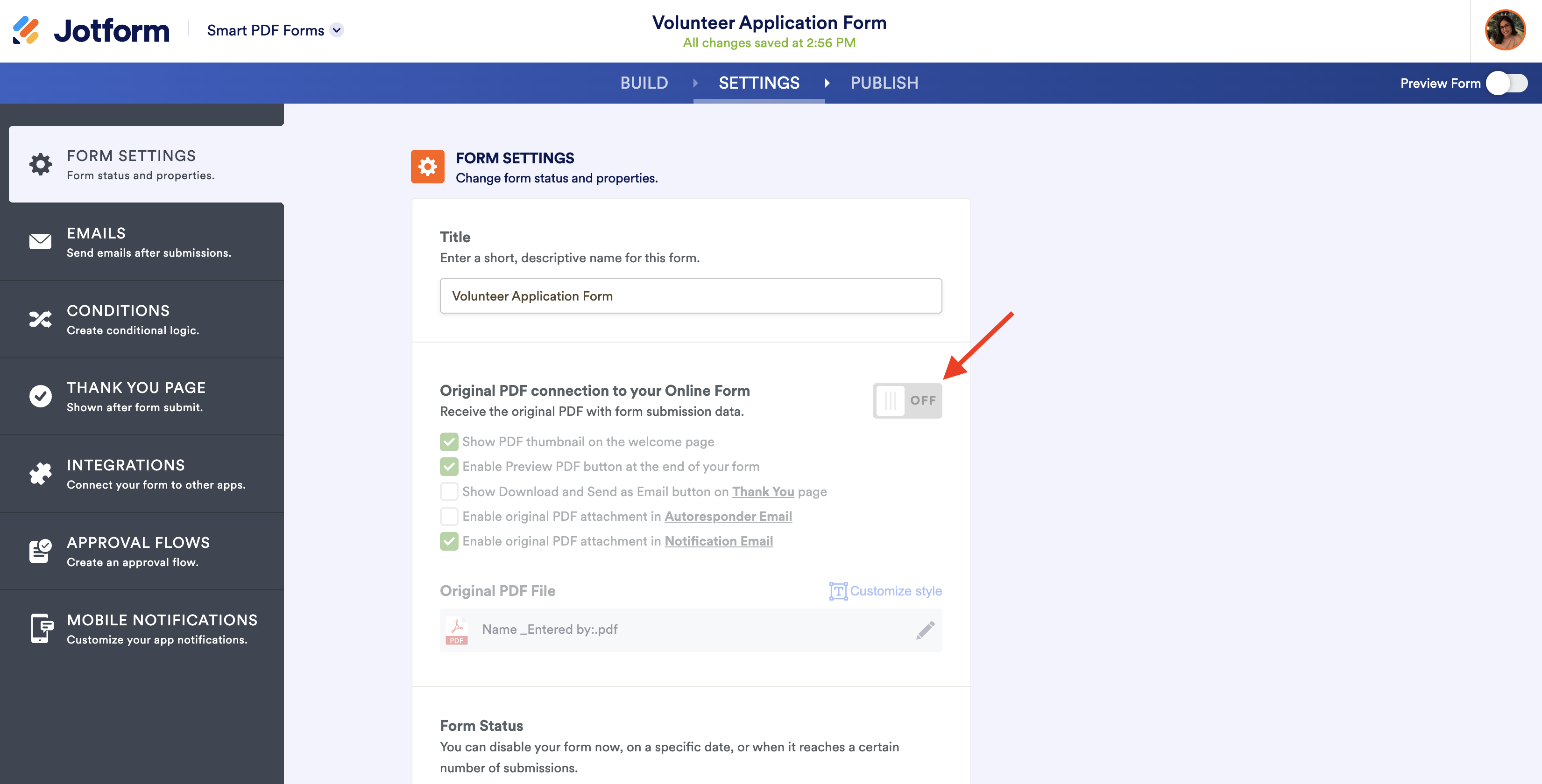 Screenshot of Form Settings Clicking on Off Button to Remove Connections 