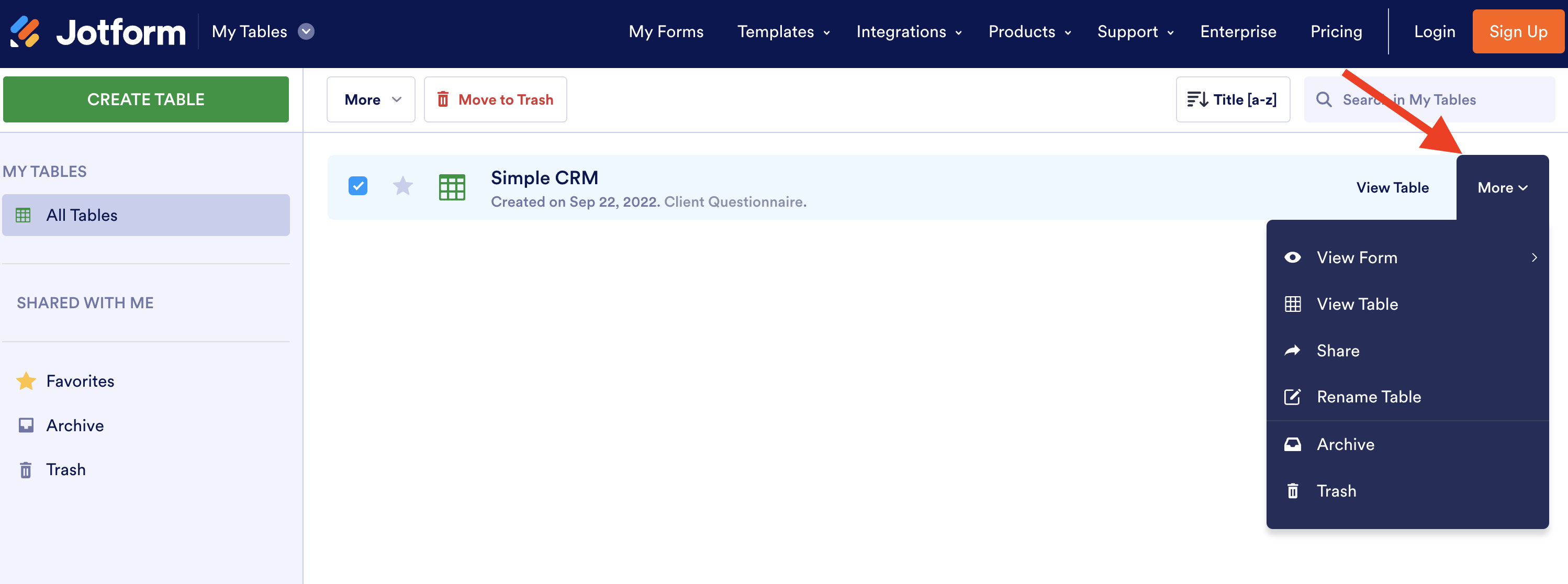 Screenshot of My Tables Clicking on More