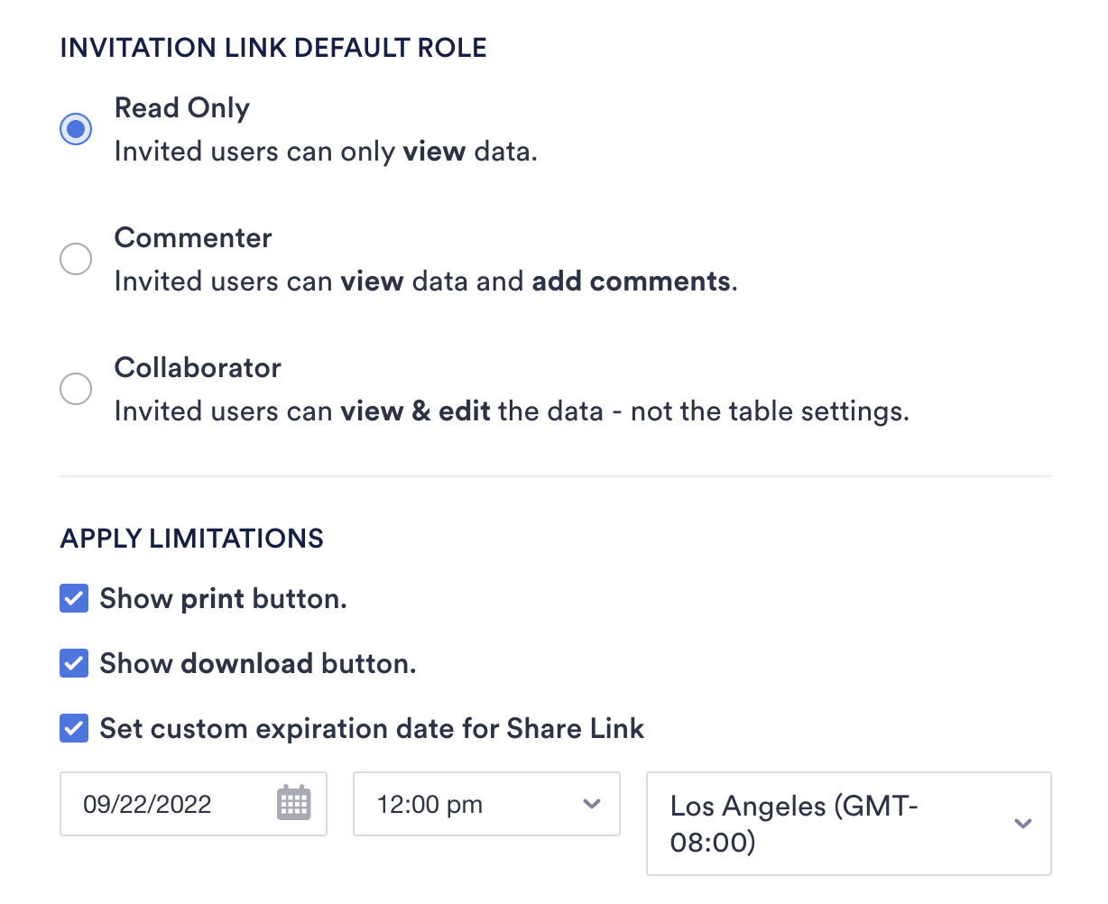 Screenshot of Share Settings Page Viewing Invitation Link Default Roles and Limitations