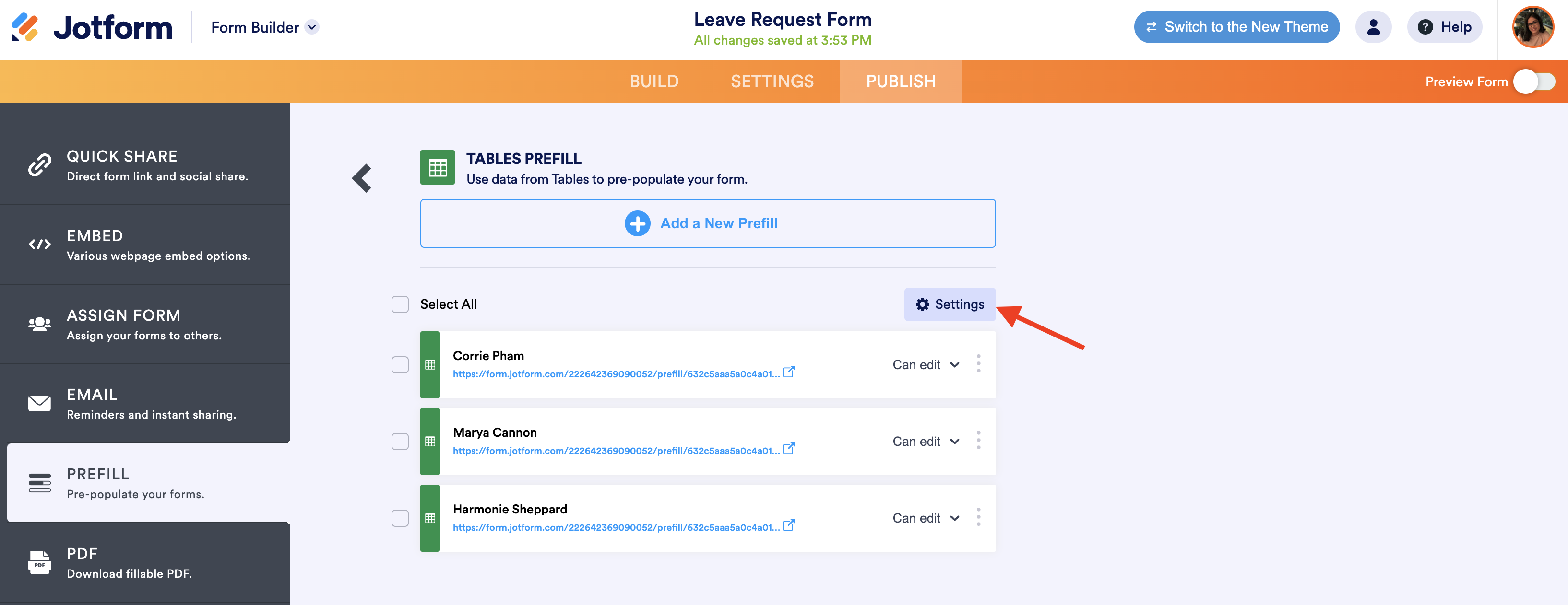 Screenshot of Tables Prefill Page Clicking on Settings