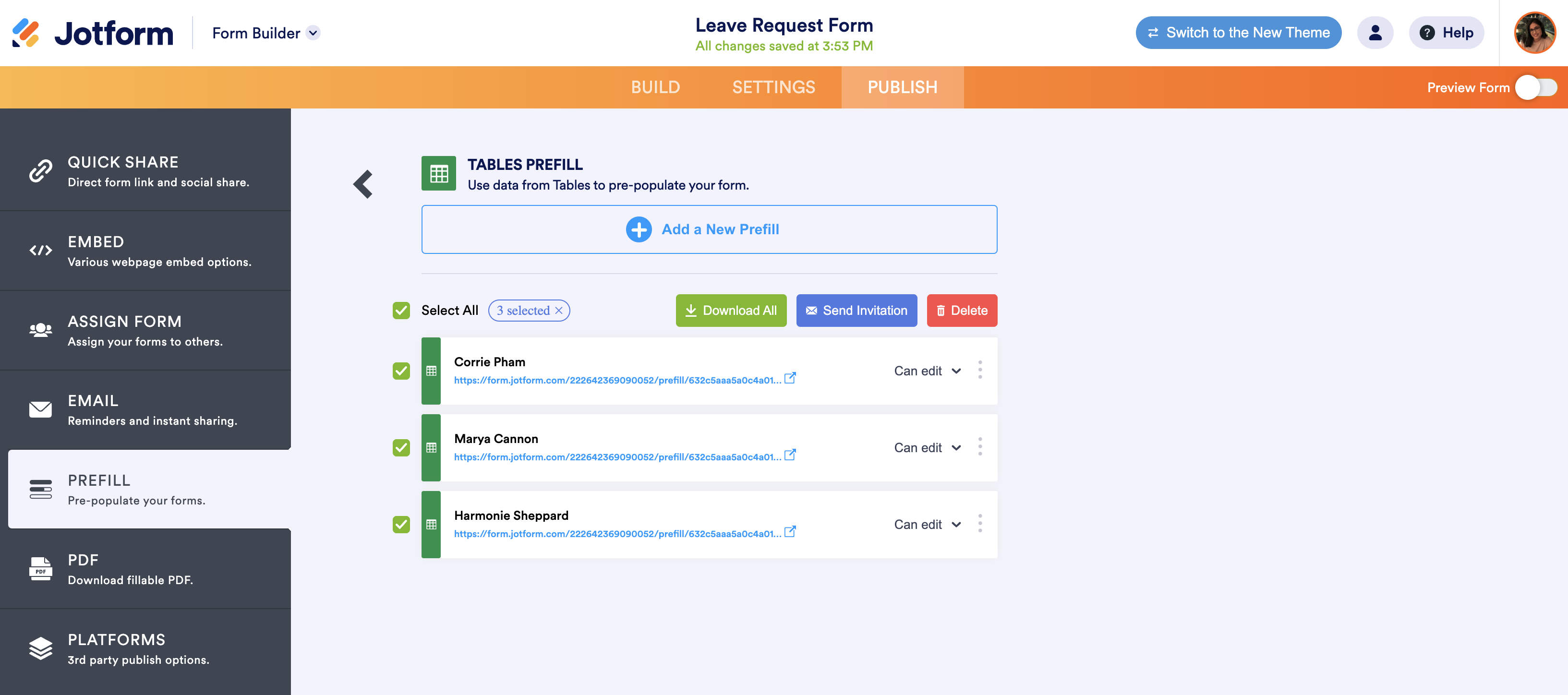 Screenshot of Tables Prefill Page Clicking on Select All