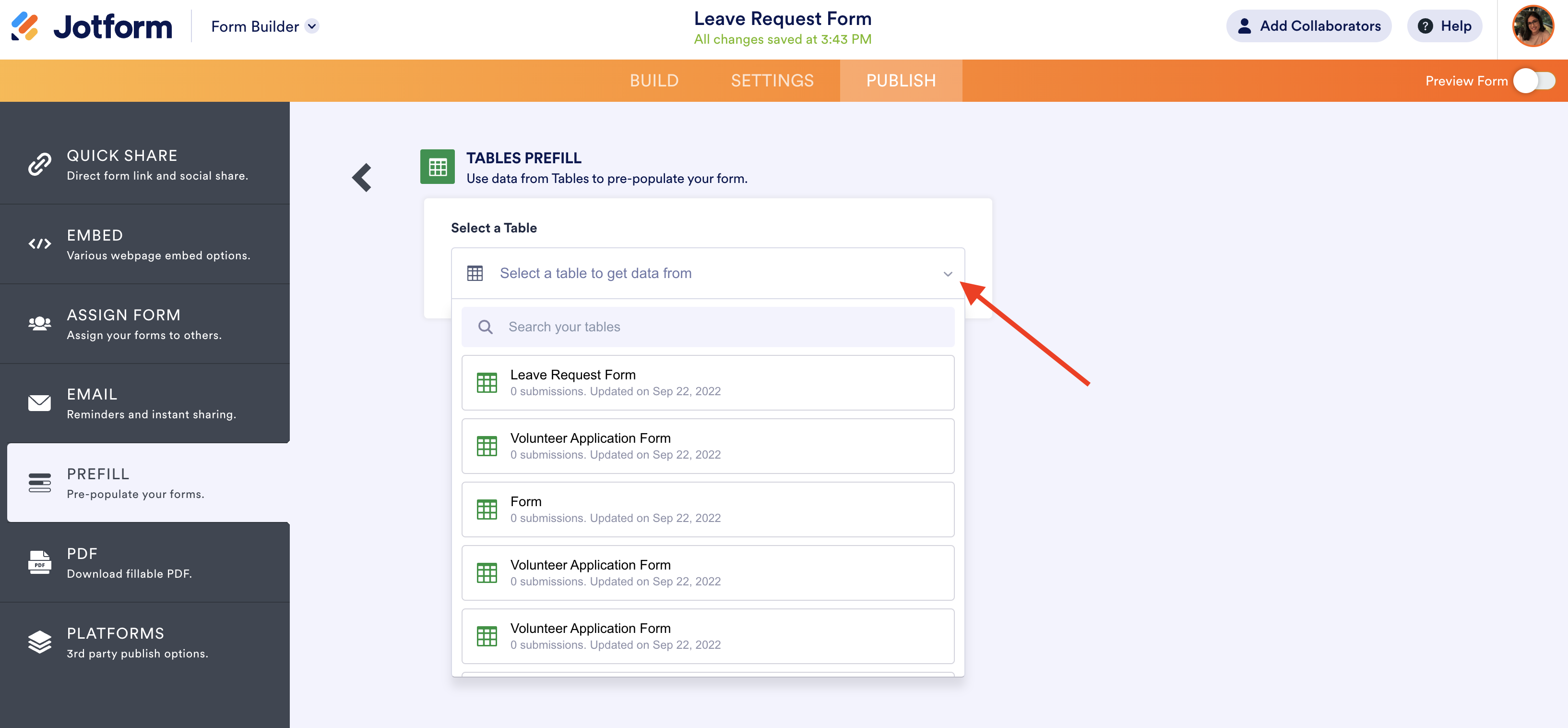 Screenshot of Tables Prefill Selecting Tables