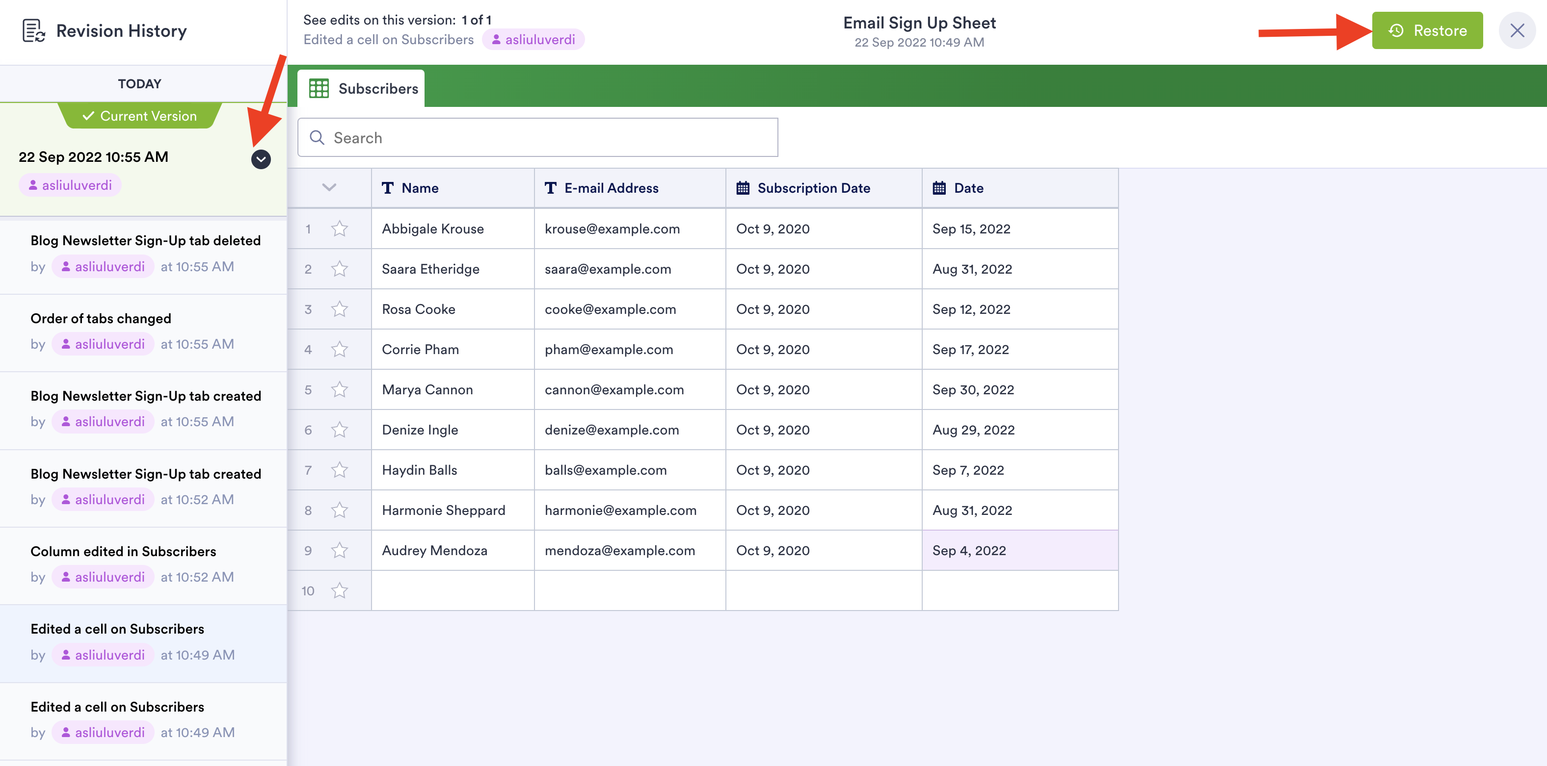 Screenshot of Tables Viewing Current Version and Clicking Restore