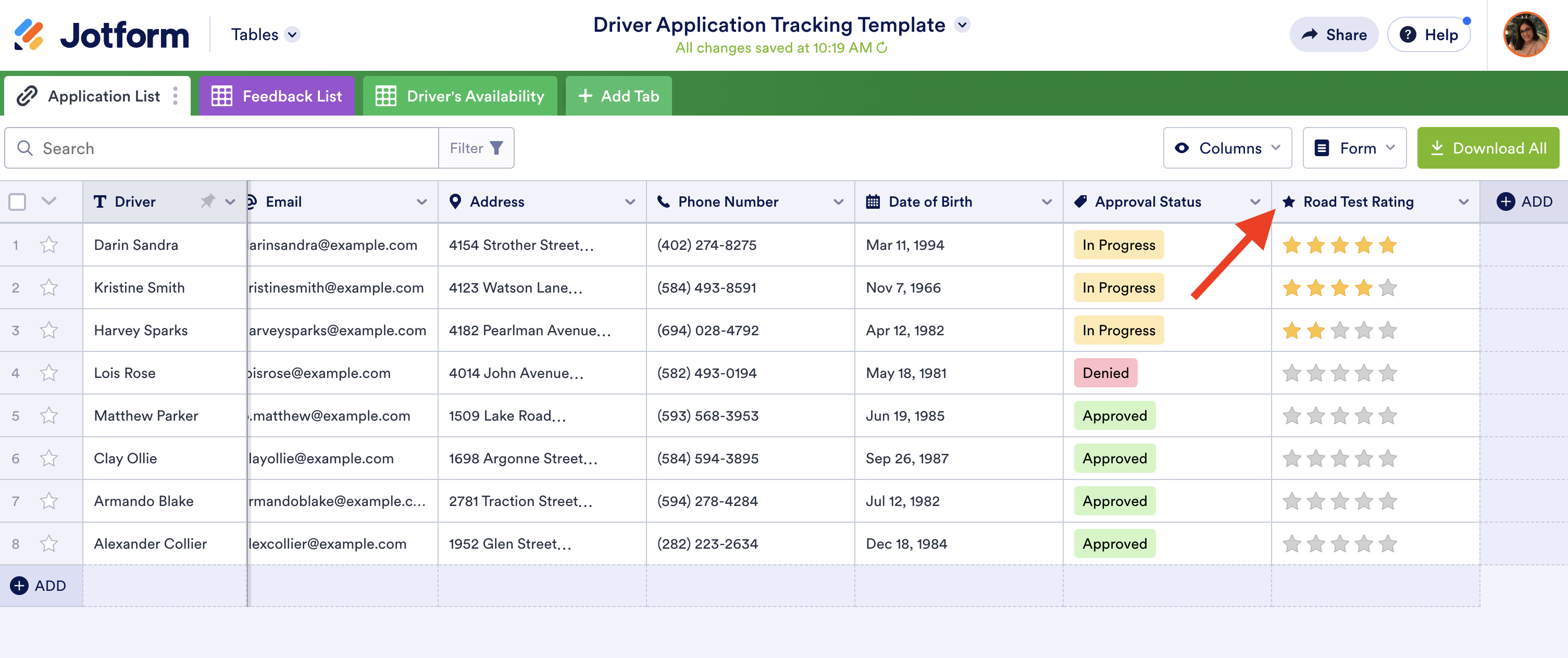 Screenshot of Tables Clicking on Road Test Rating