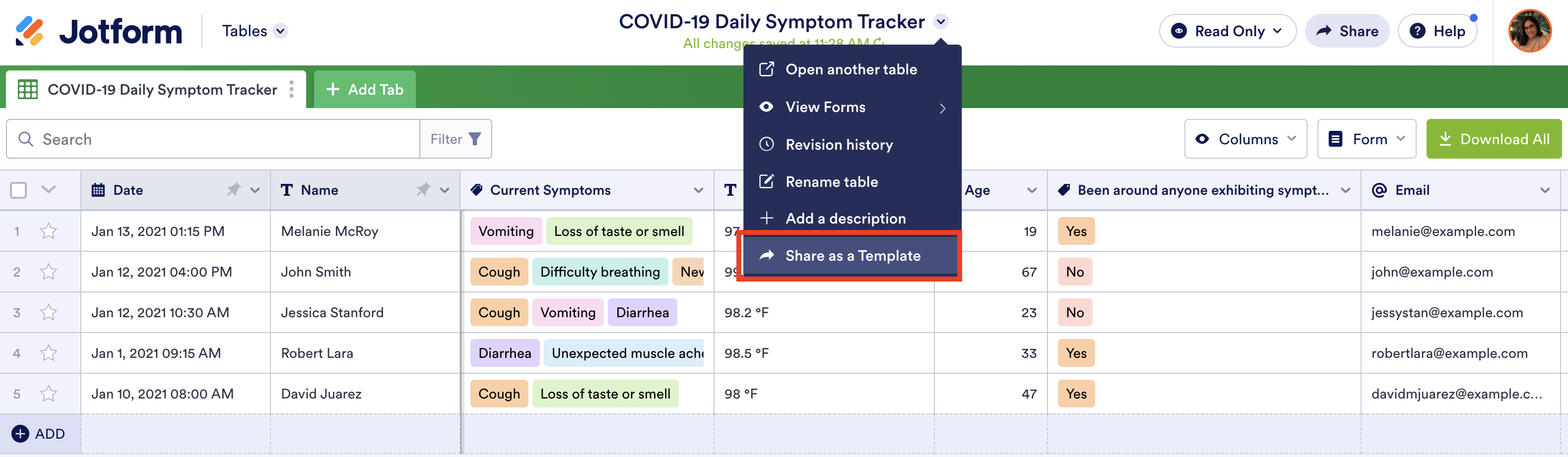 Screenshot of Jotform Tables Clicking on Share as a Template