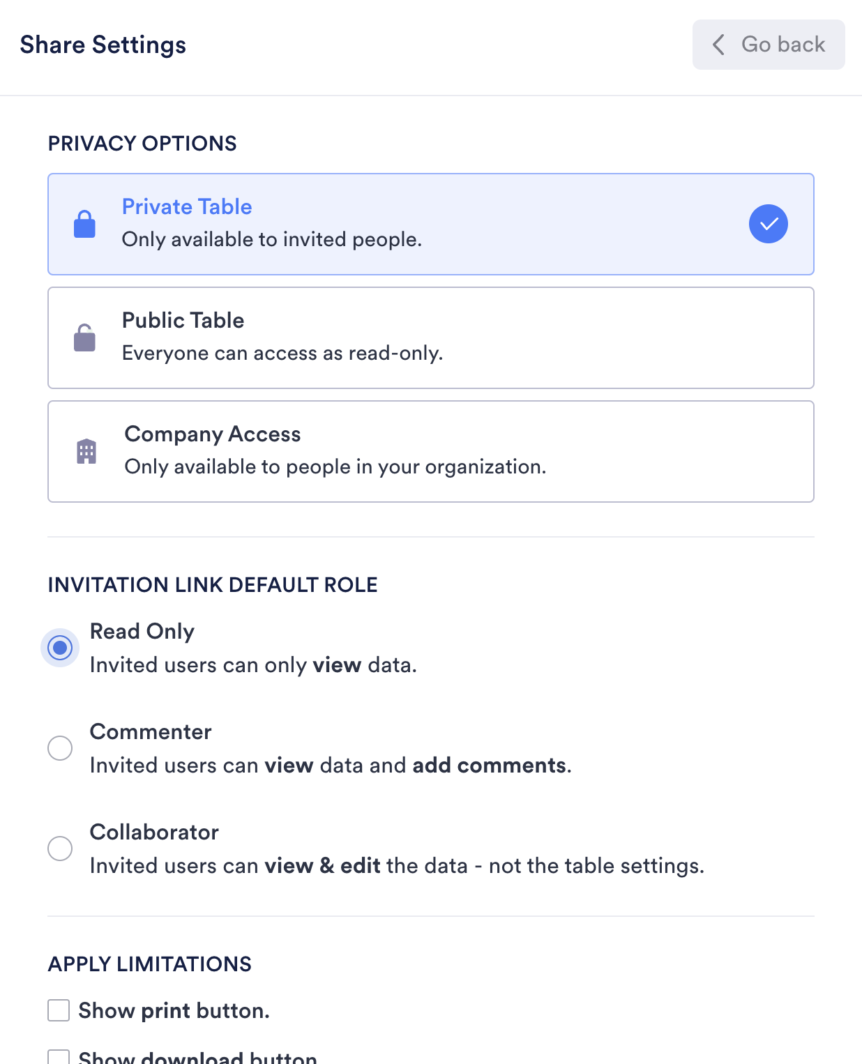 Screenshot of Share Settings