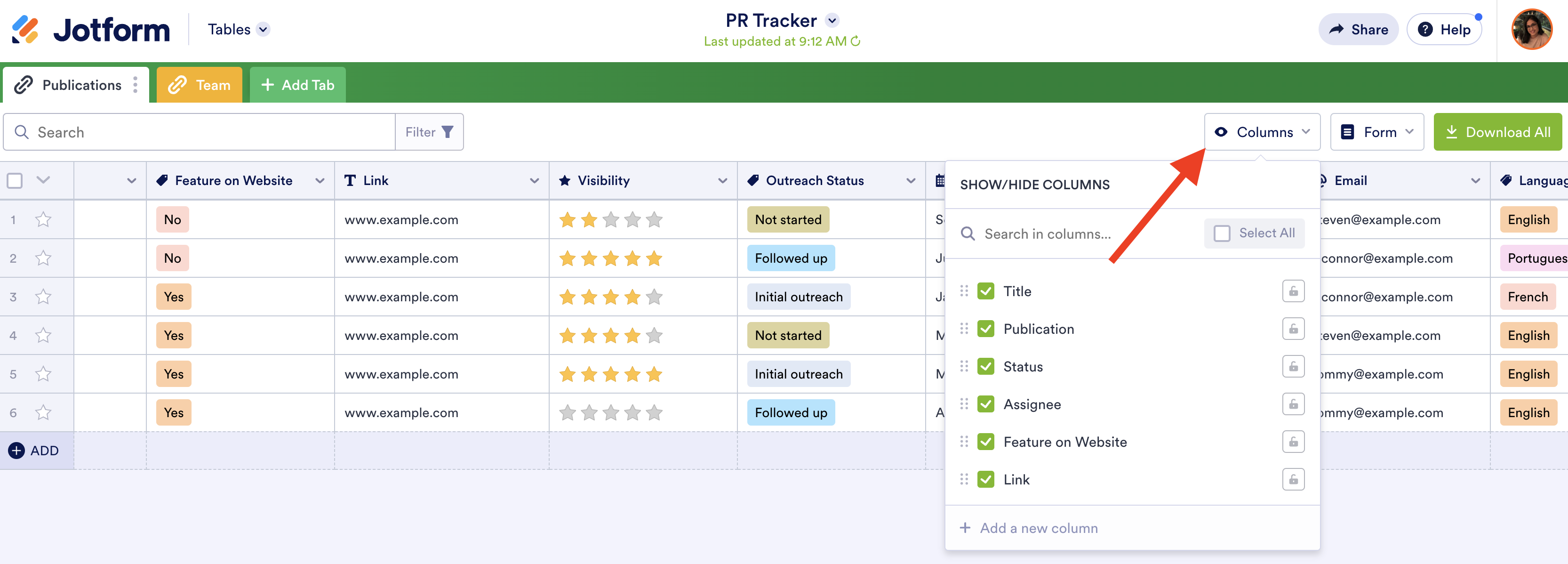 Screenshot of Tables Clicking on Columns Button