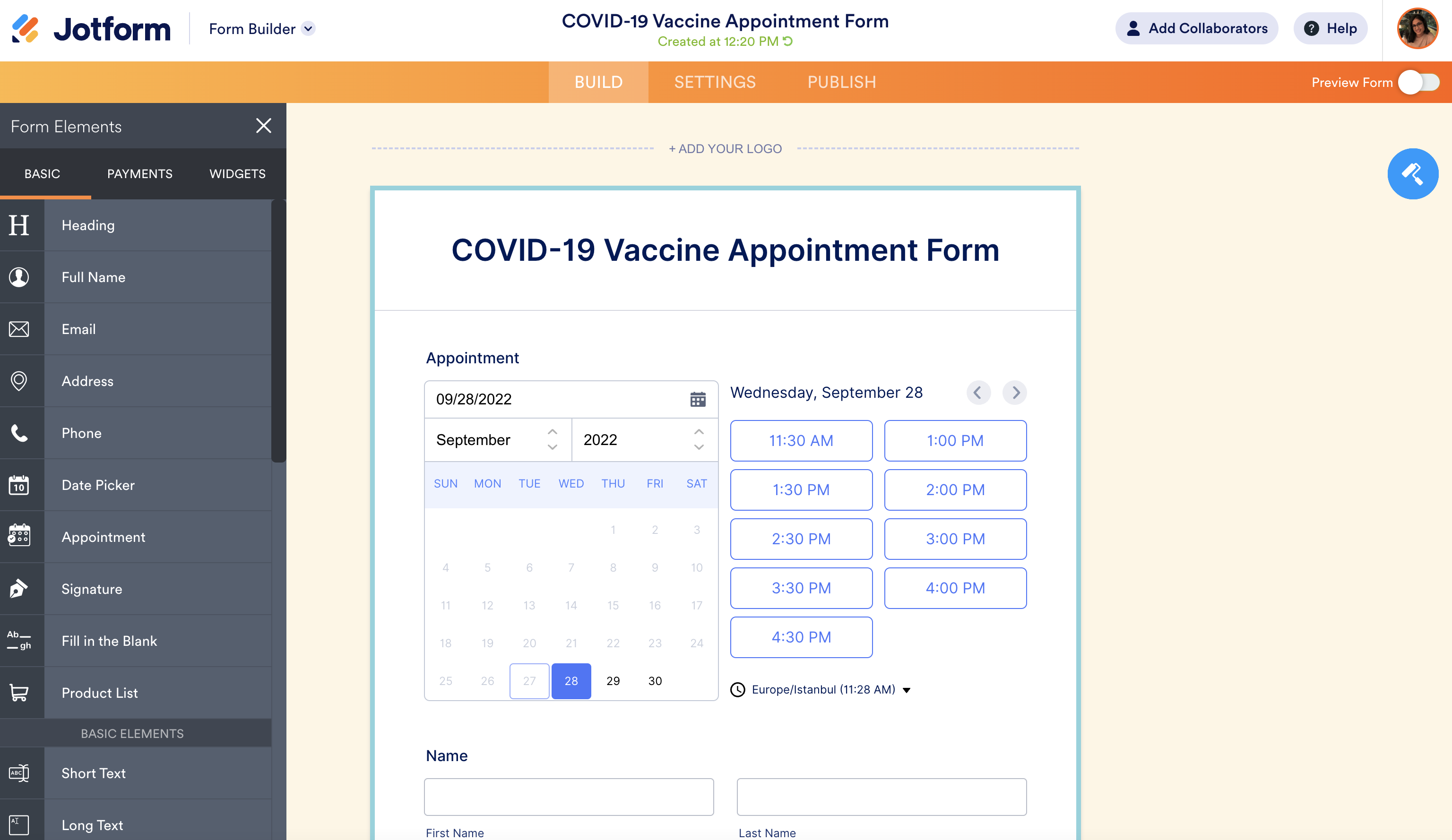 Screenshot of Covid-19 Form 