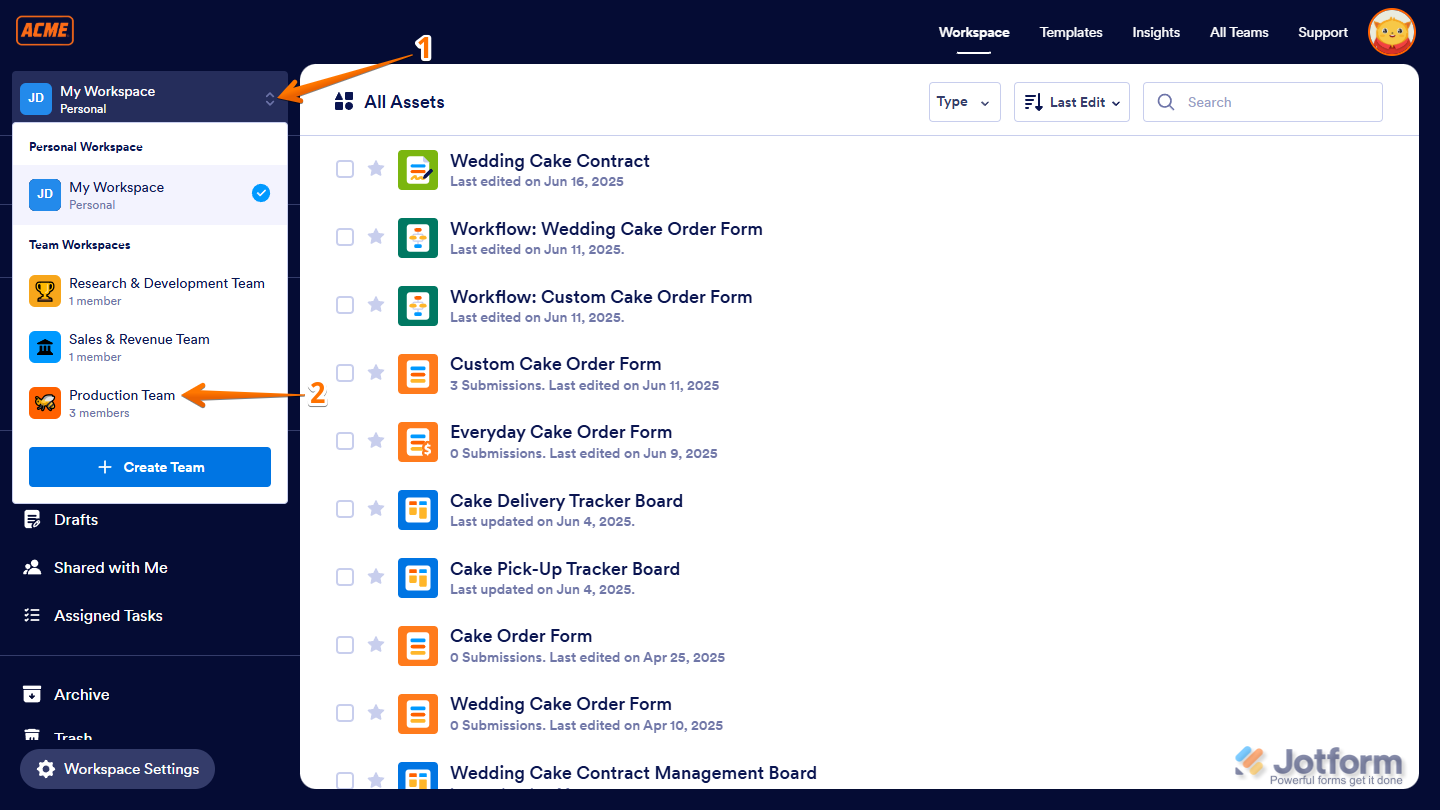 Select team under Team Workspaces section of the My Workspace Dropdown menu in Jotform Workspace page