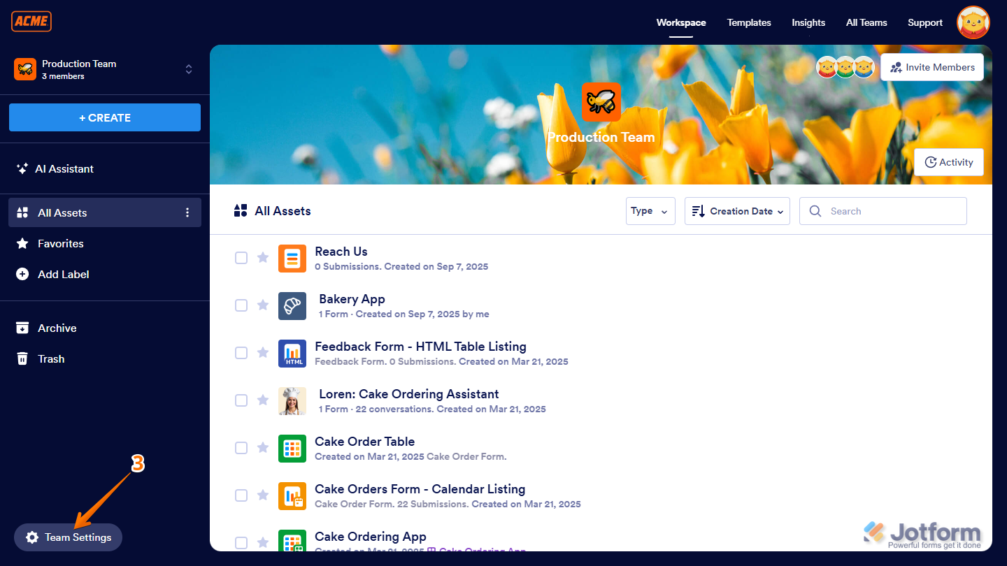 Team Settings button in Jotform Workspace page