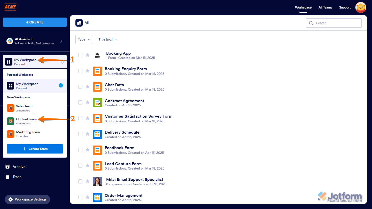 Selecting a team under Team Workspaces from the My Workspace menu to access Team Settings in Jotform
