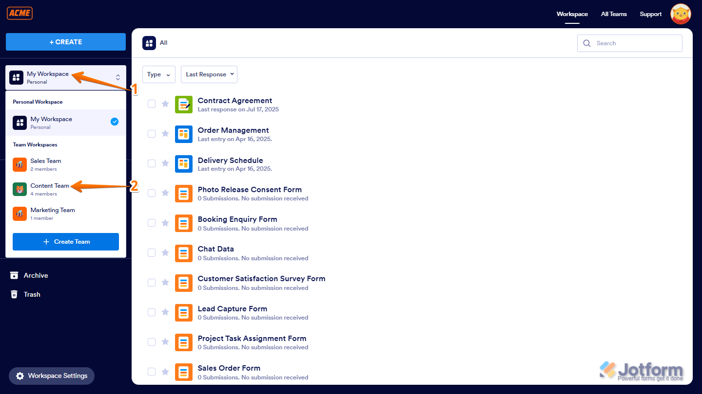 Selecting a team to manage in Jotform by clicking My Workspace on the left side of the page and choosing a team under Team Workspaces, such as the Content Team