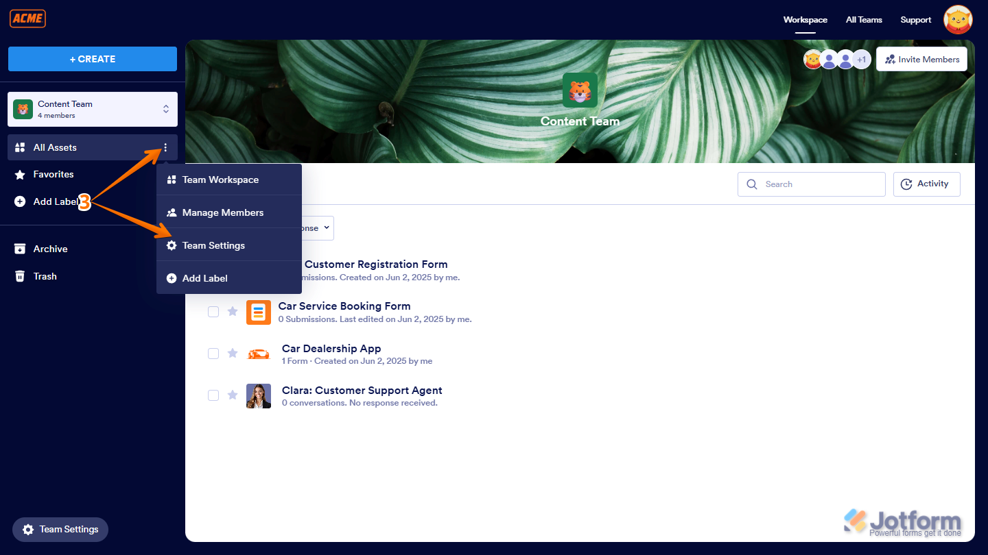 Clicking the Three Dots icon next to All Assets and selecting Team Settings on the left side of the Team Workspace page in Jotform