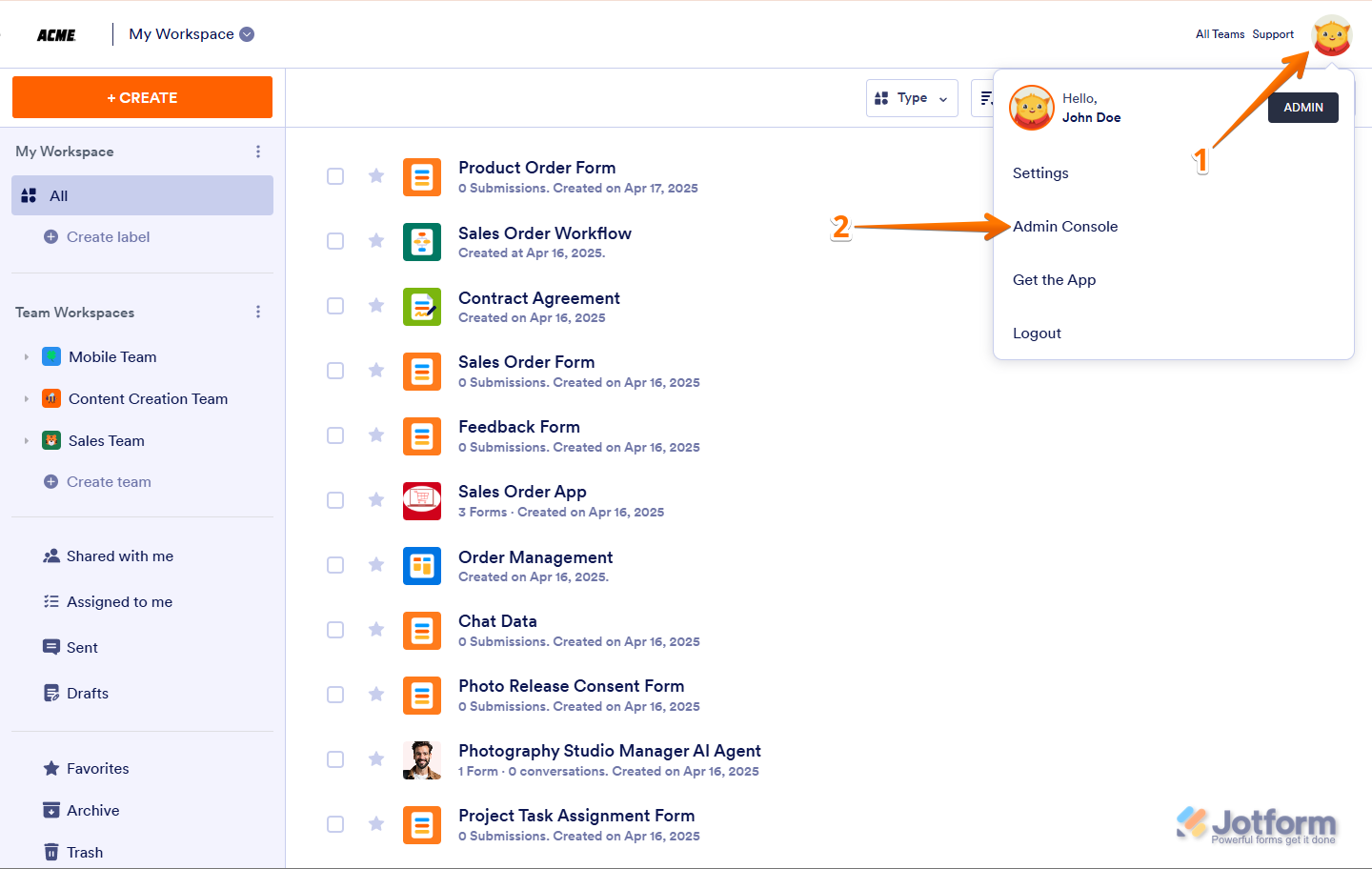 Click profile picture to open Admin Console in Jotform