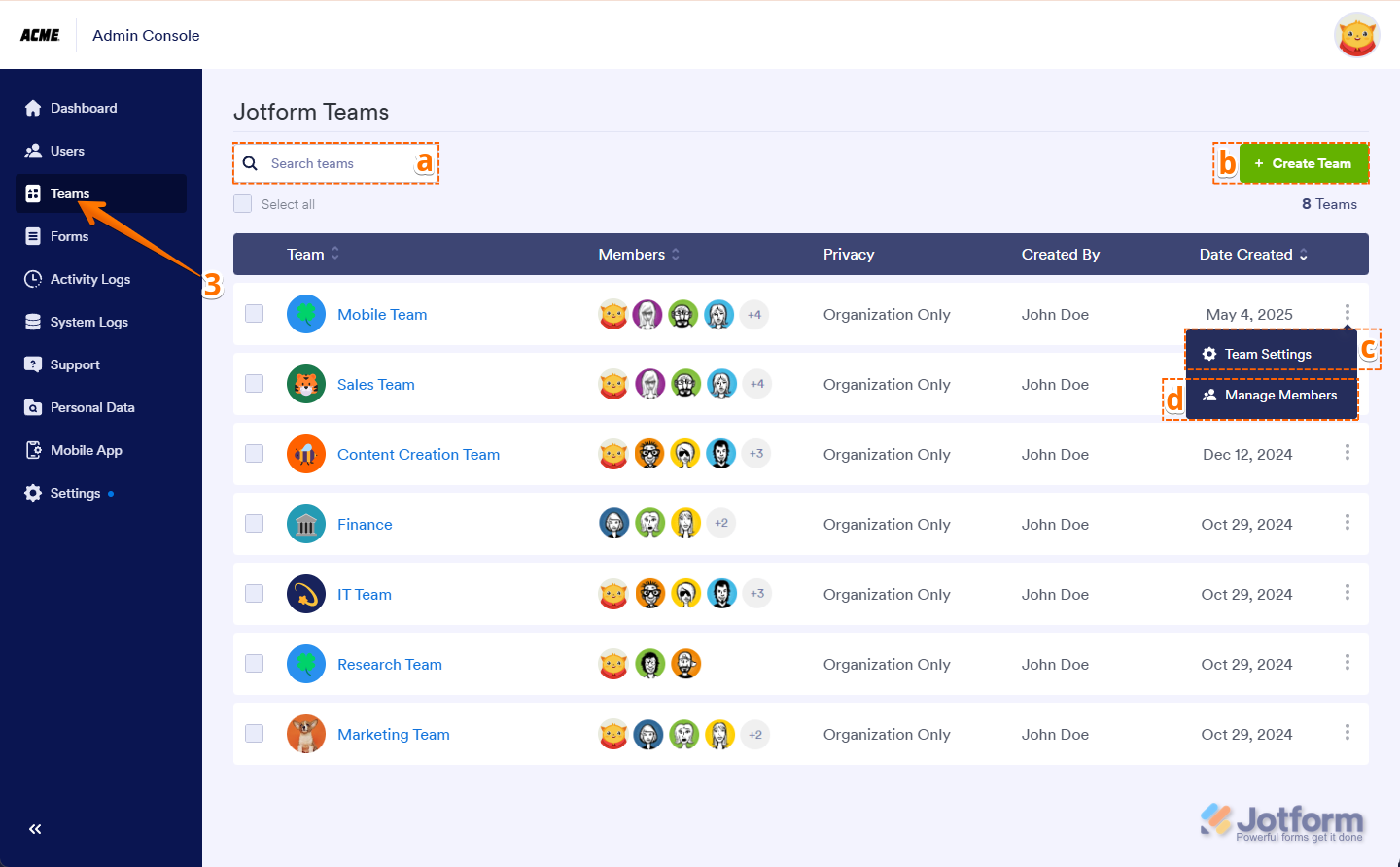 Click Teams in the left menu to manage team settings in Jotform