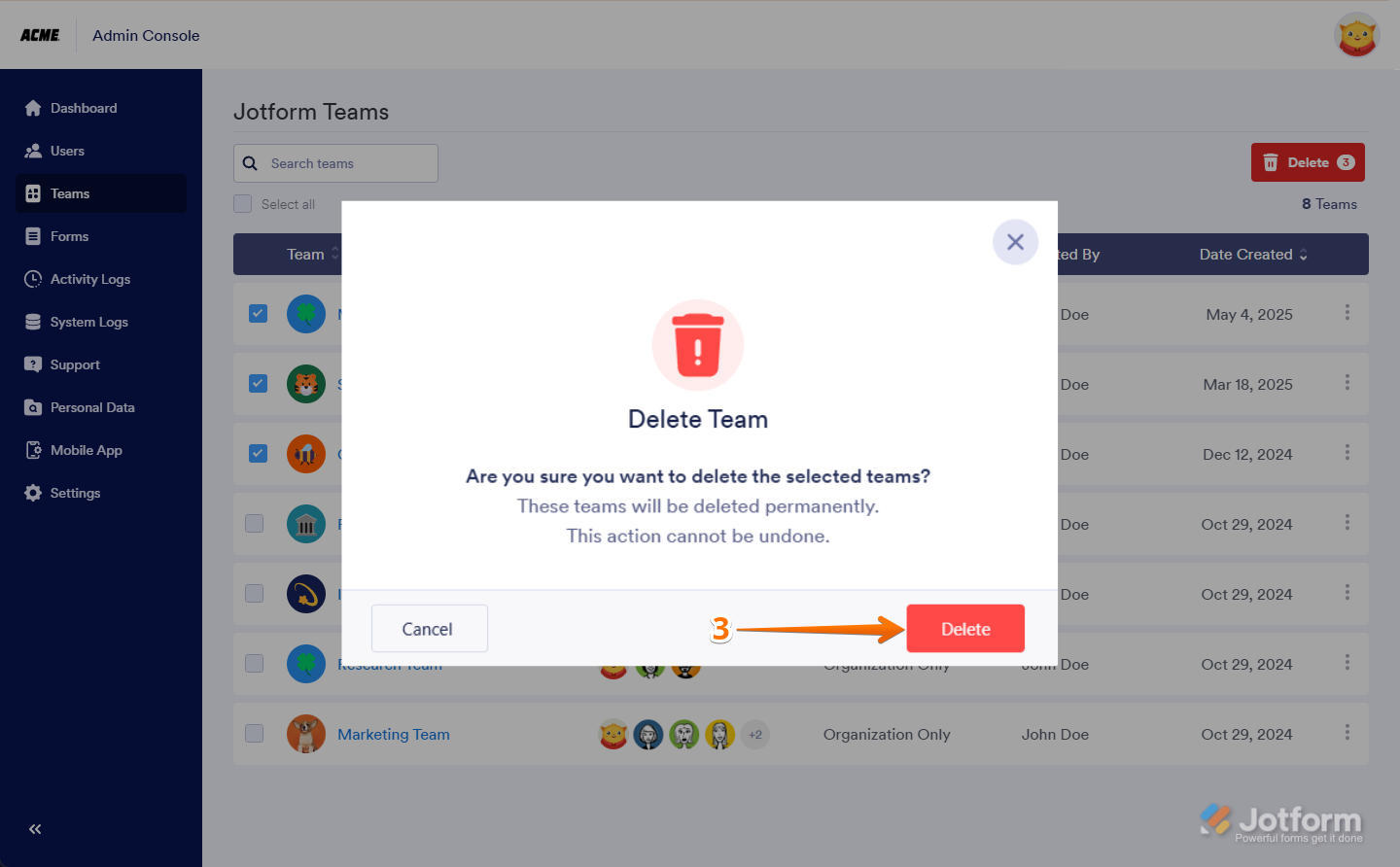 Click Delete in the confirmation window in Jotform